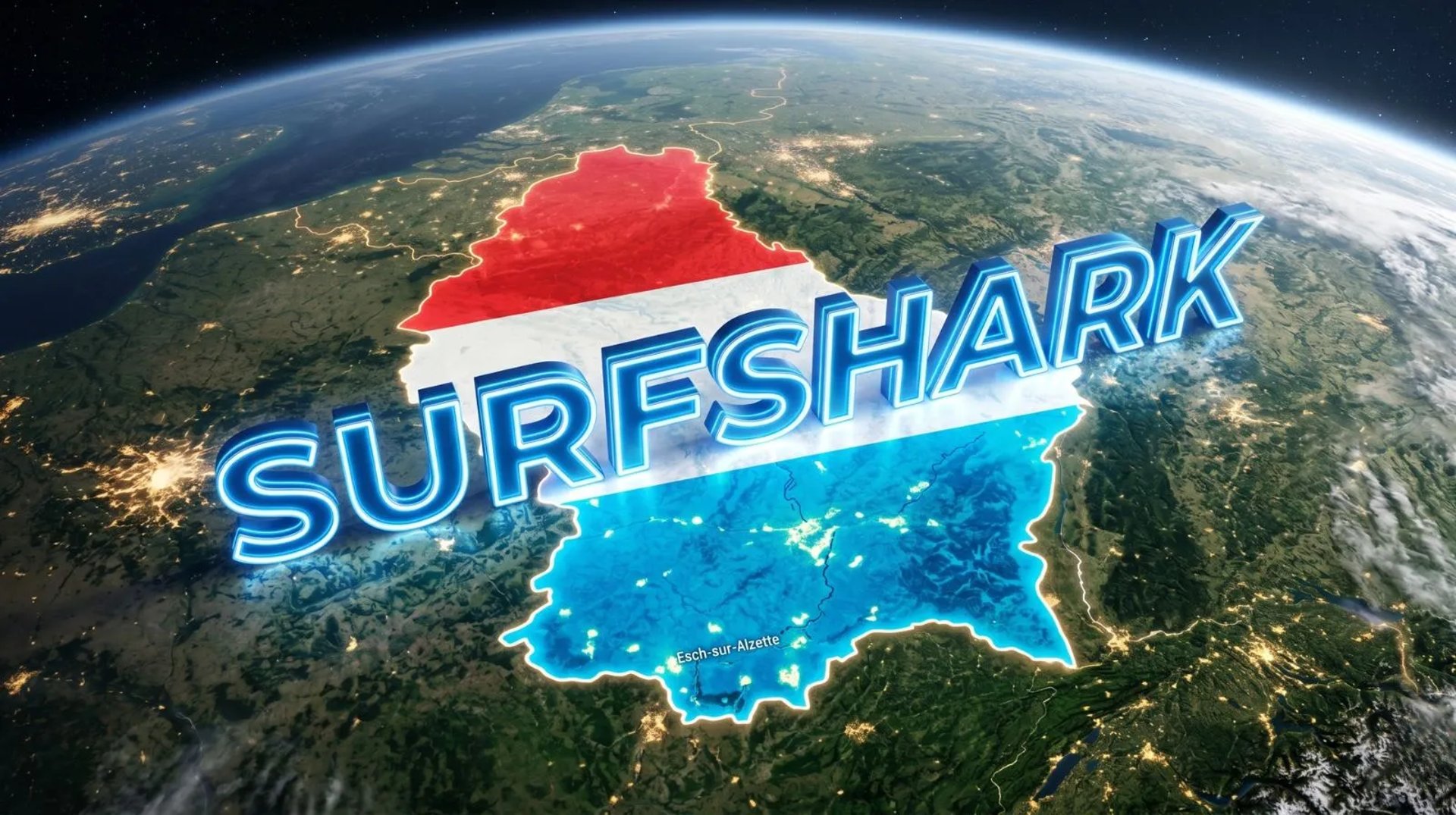 Vue satellite futuriste du Luxembourg aux couleurs du drapeau, illustrant une innovation cyber mondiale