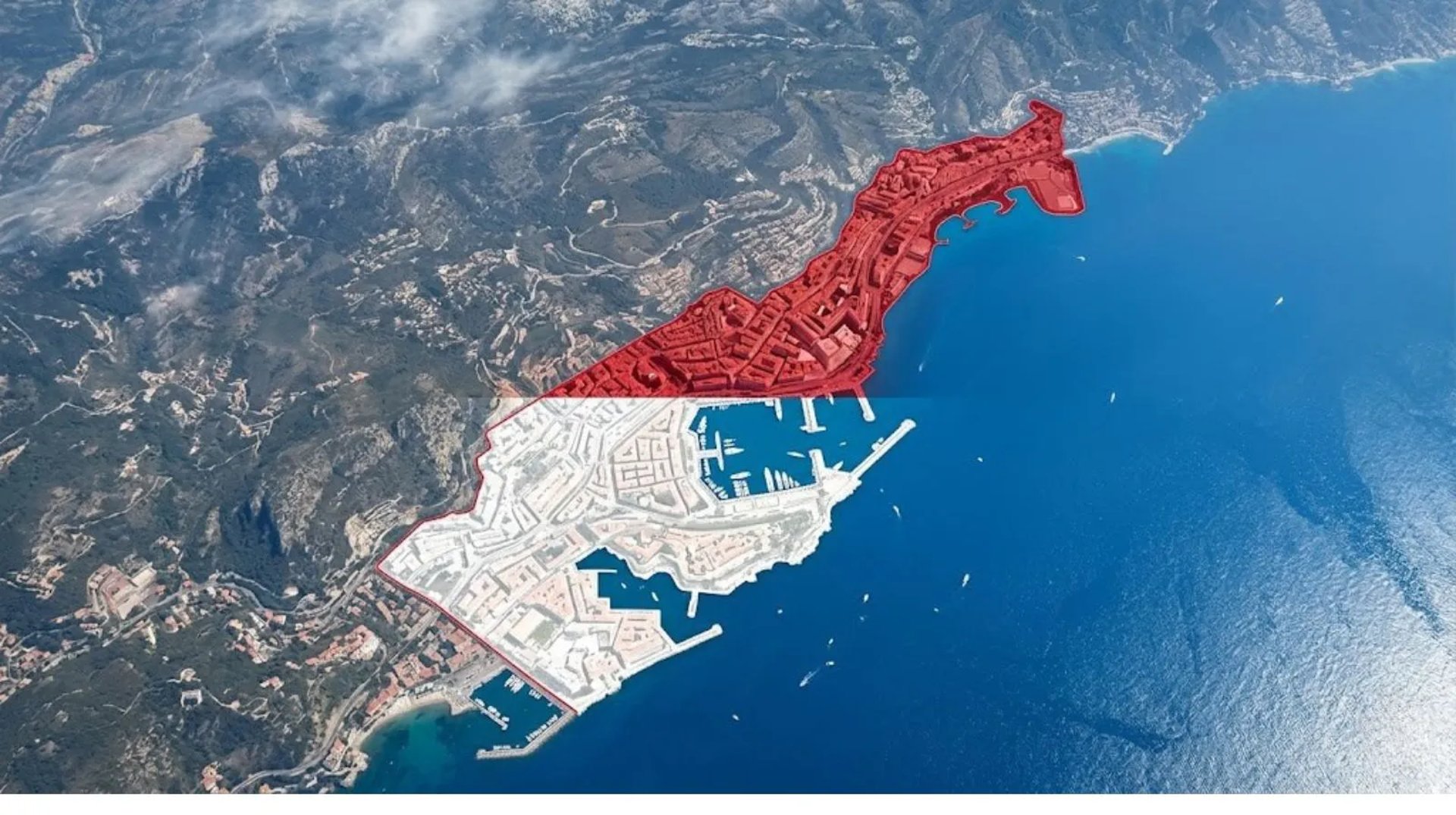 Vue satellite futuriste de Monaco aux couleurs du drapeau, illustrant une innovation cyber mondiale."