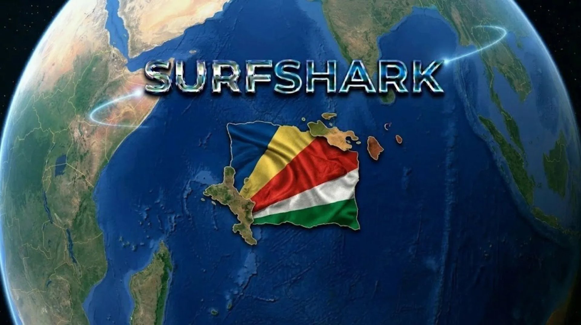 Vue satellite futuriste des Seychelles aux couleurs du drapeau, illustrant une innovation cyber mondiale
