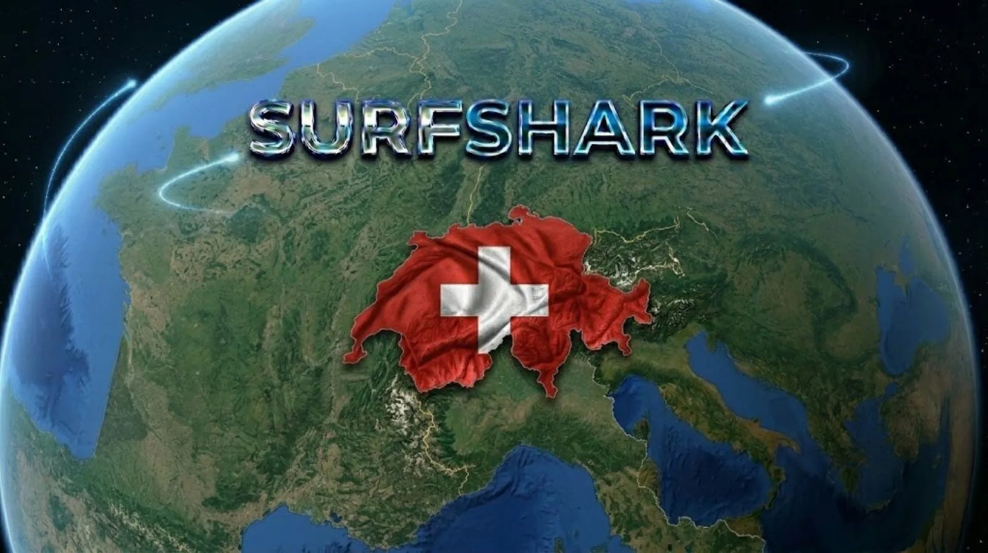 Vue satellite futuriste de la Suisse aux couleurs du drapeau, illustrant une innovation cyber mondiale.