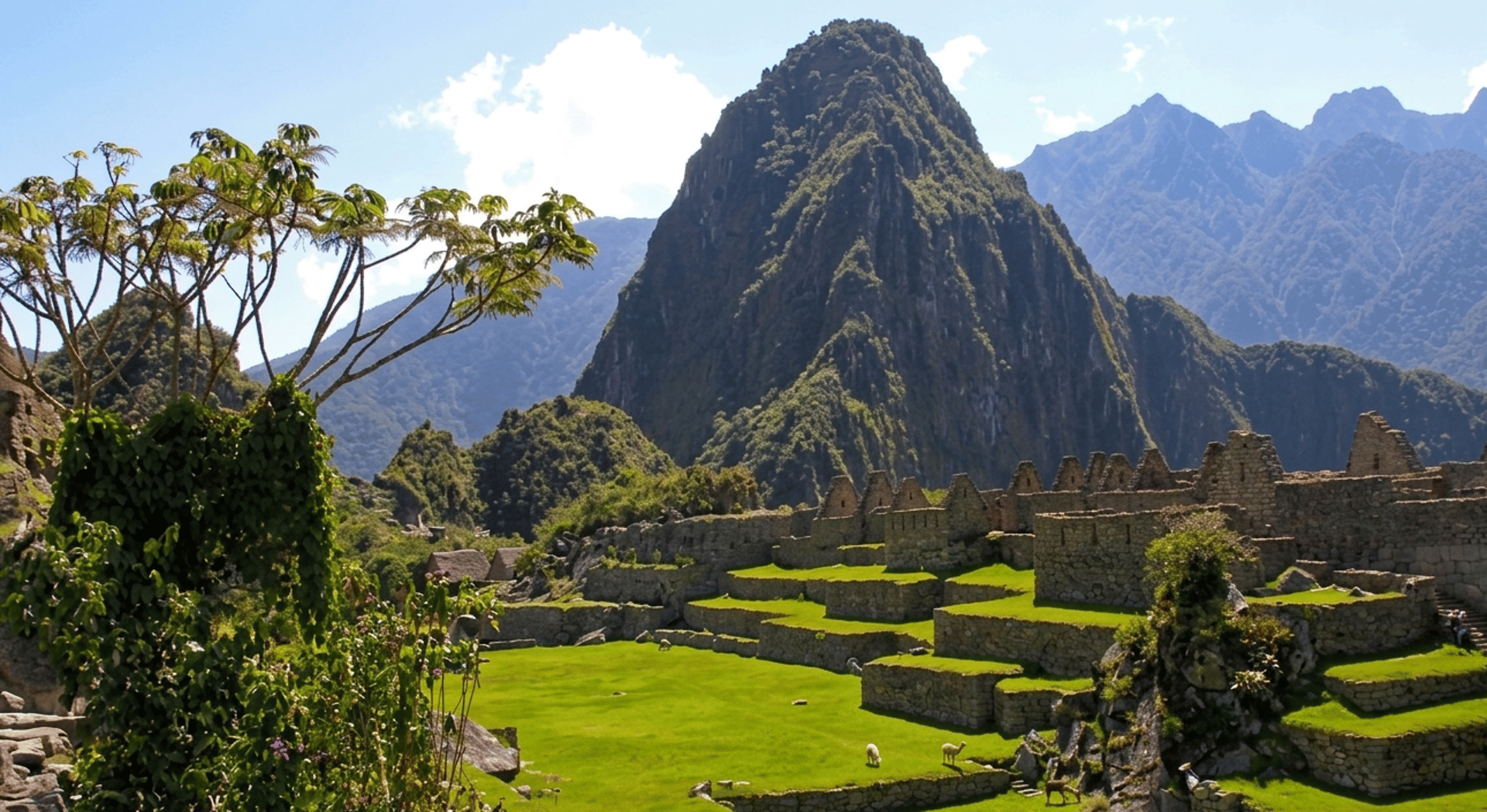 an old city with mountains in the background with Machu Picchu in the background