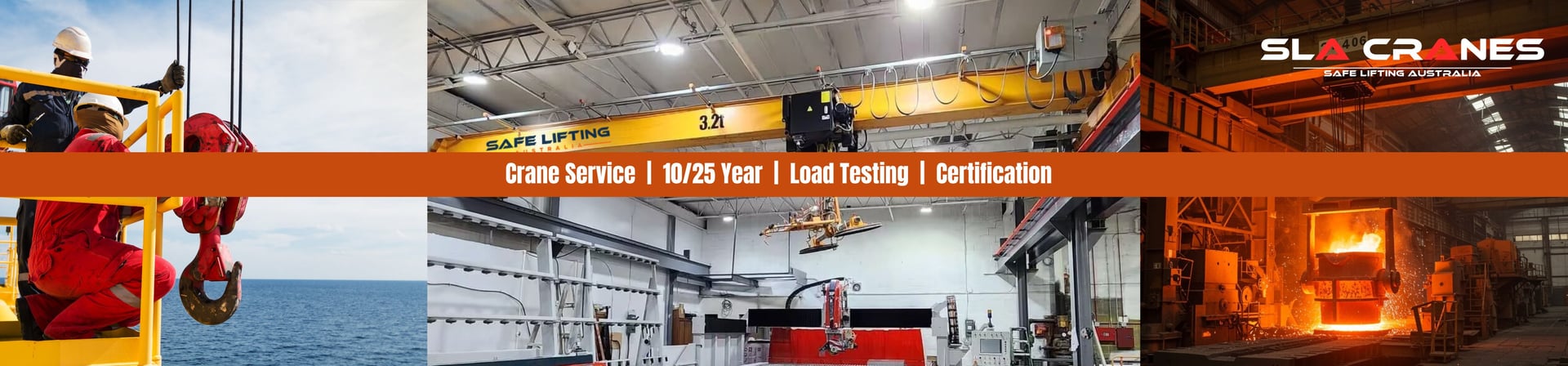 A large, bright yellow overhead bridge crane with SAFE LIFTING