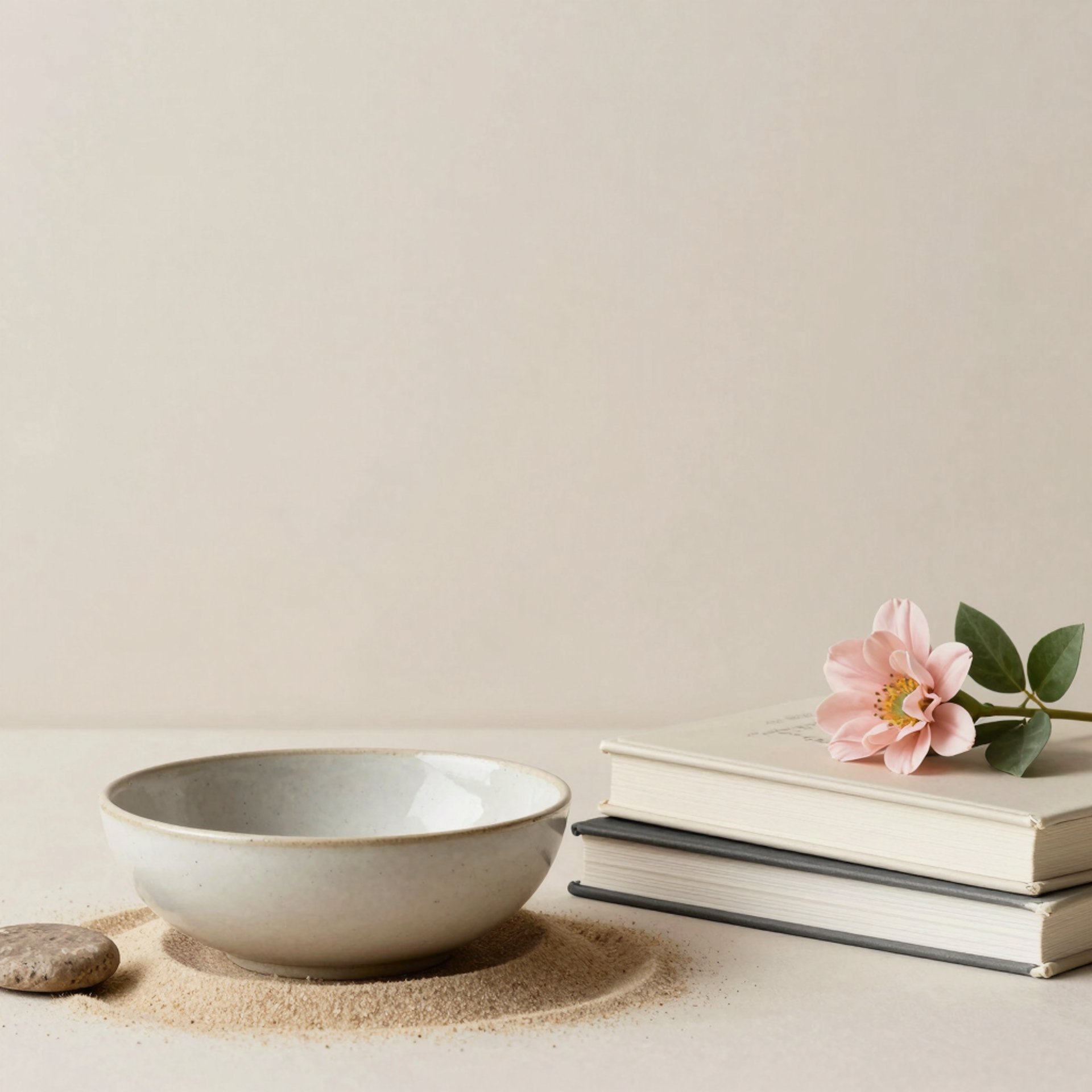 Minimal warm still life with books, a ceramic bowl, natural elements, and soft pink flowers.