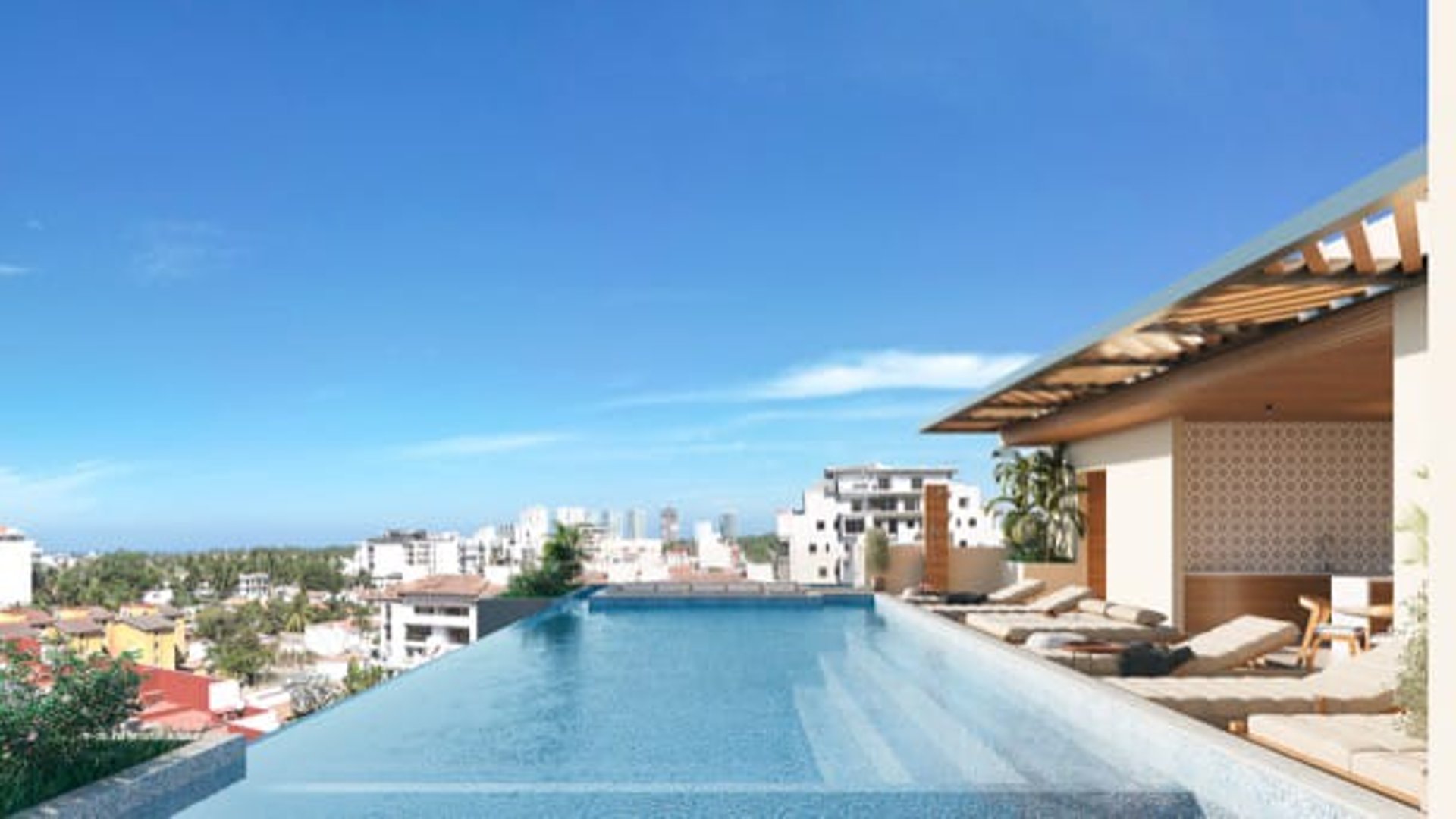 an abstract photo of a curved building with a blue sky in the background