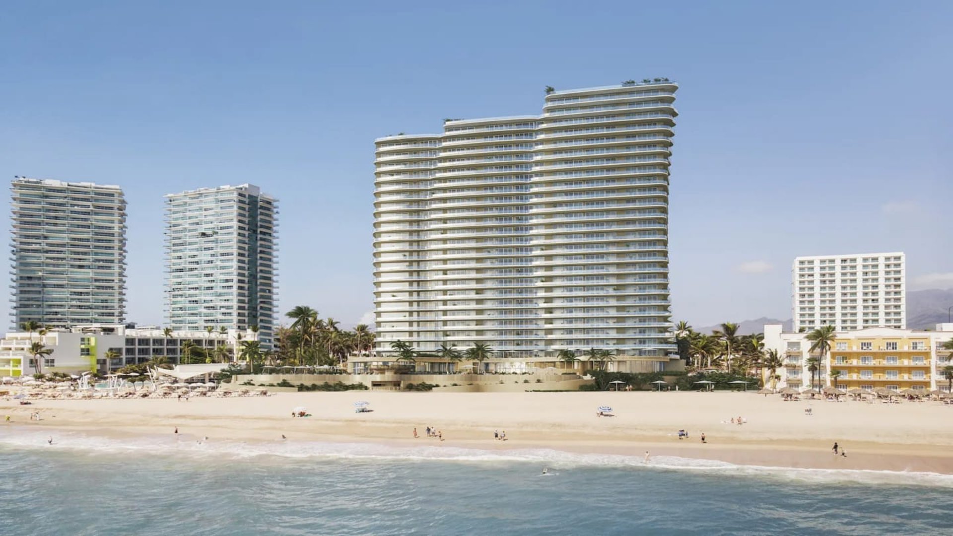 an abstract photo of a curved building with a blue sky in the background