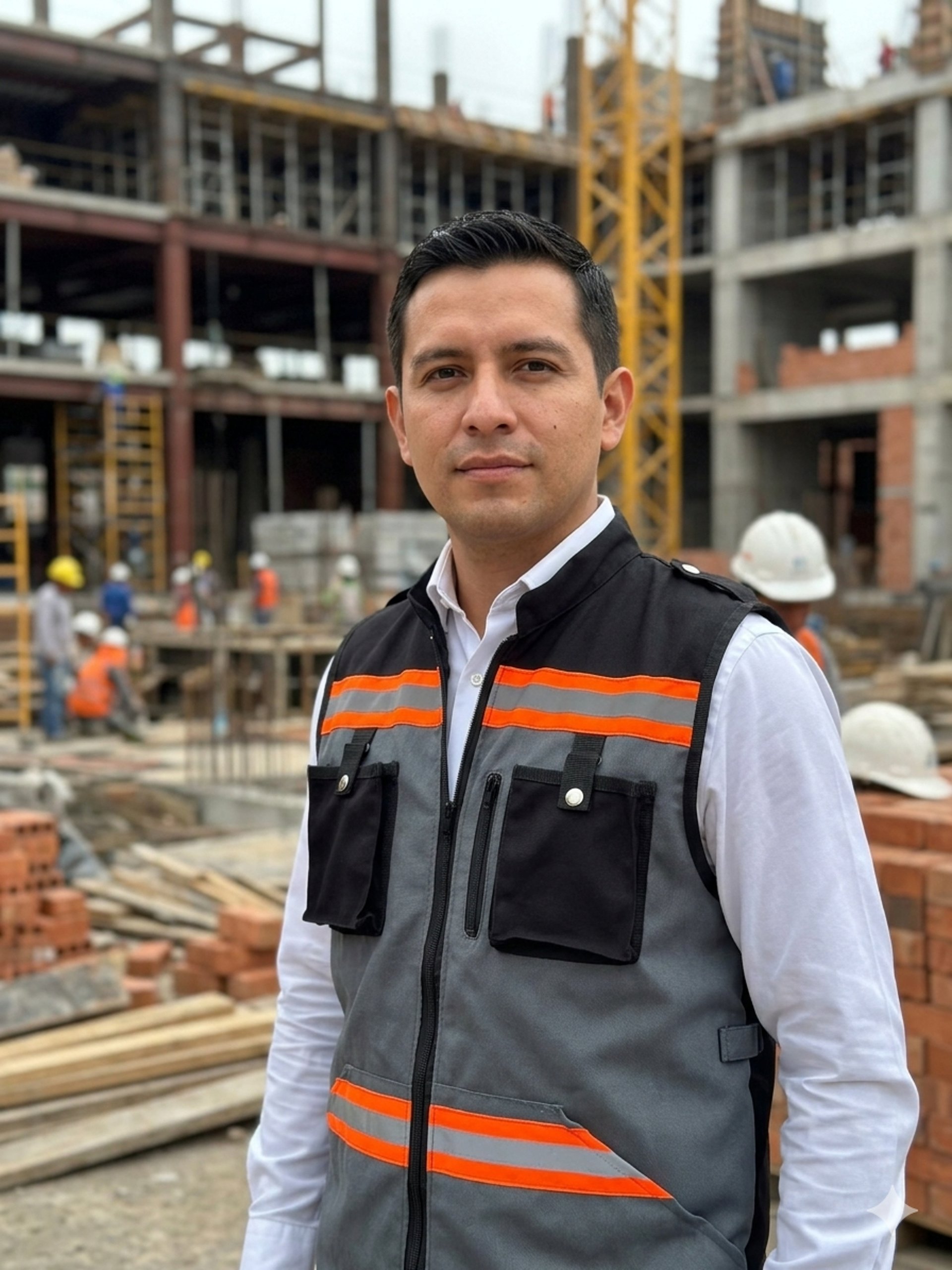 Arquitecto usando chaleco personalizado en una obra de construccion 