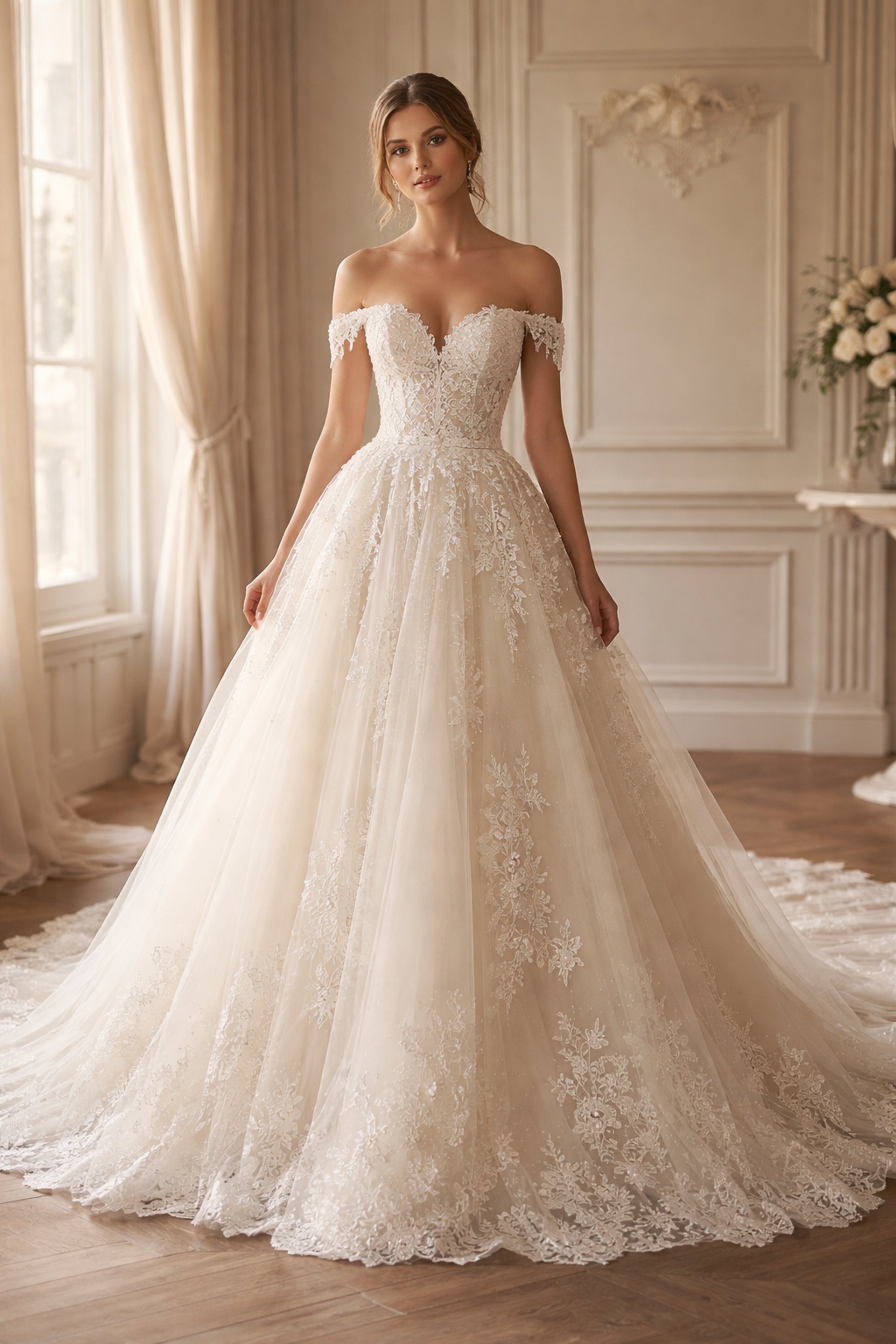 White wedding shoes and bouquet on wooden floor