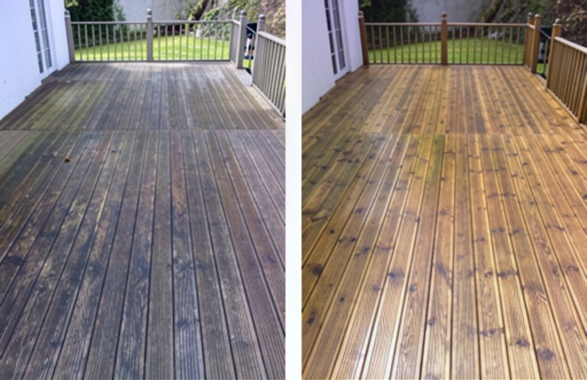 A backyard with a deck and a fence