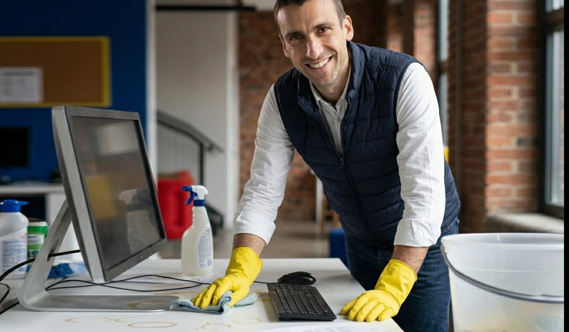 A person in yellow gloves and blue gloves cleaning a floor