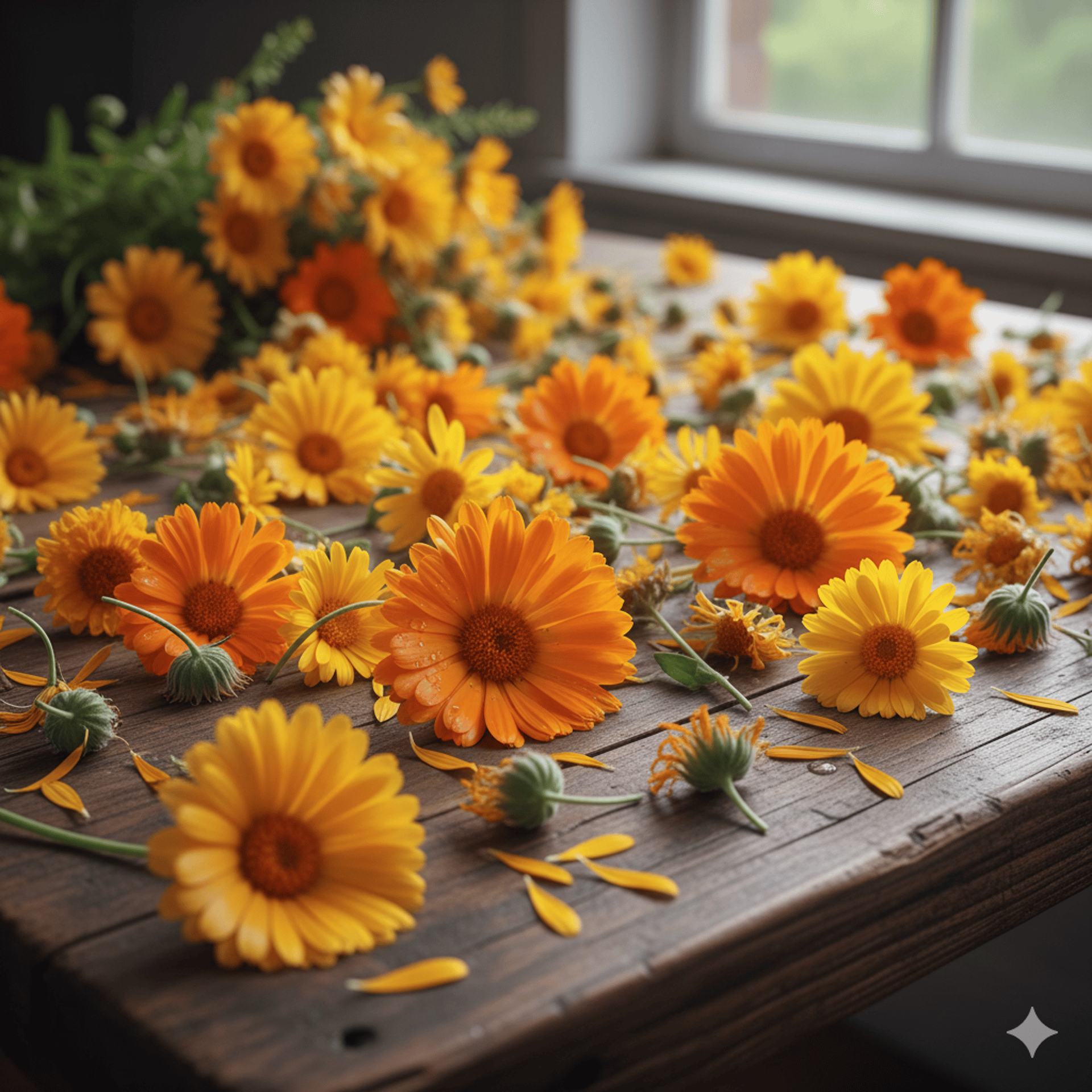 Flores frescas de caléndula y árnica sobre madera rústica para cosmética artesanal Flor de Poder.