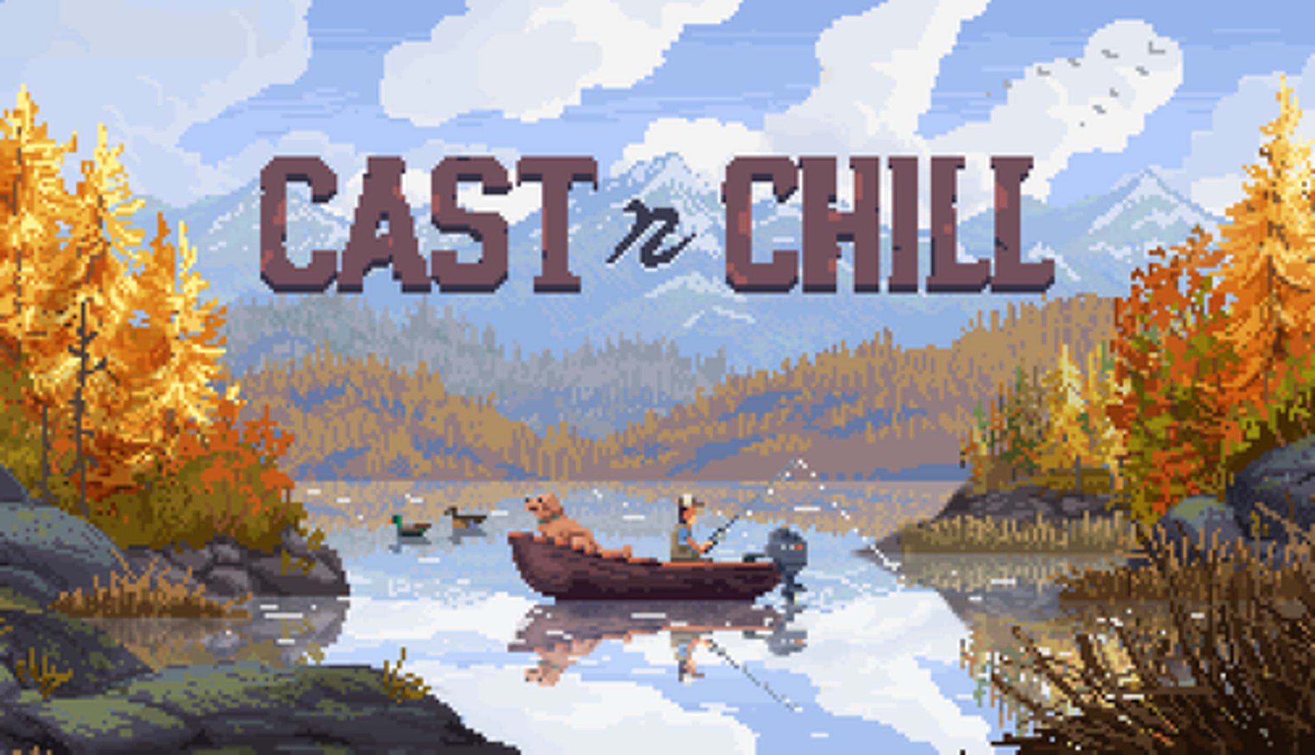 Cast n Chill logo above small boat containing fisherman and dog