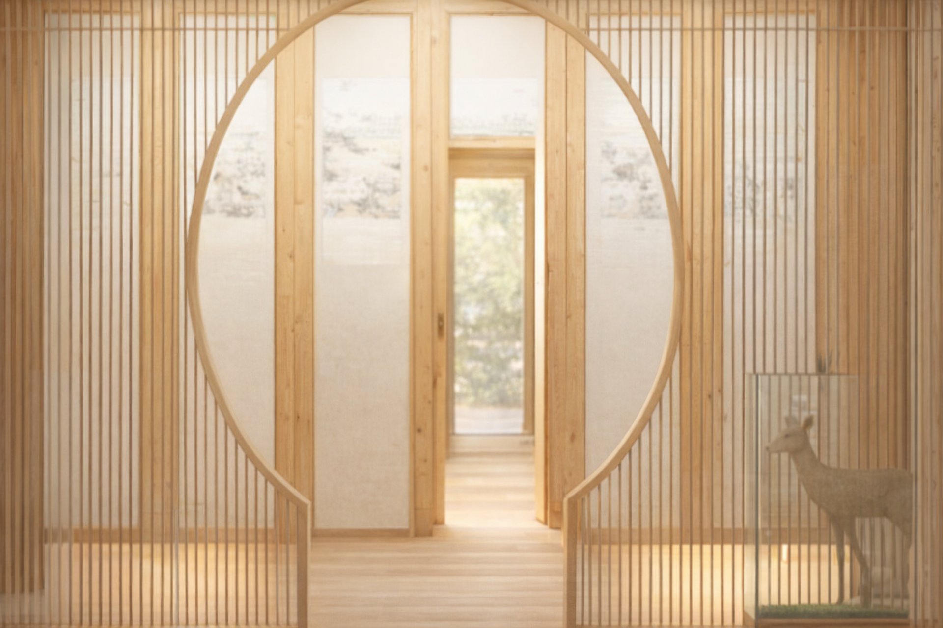 a circular mirror with a pine tree inside of it