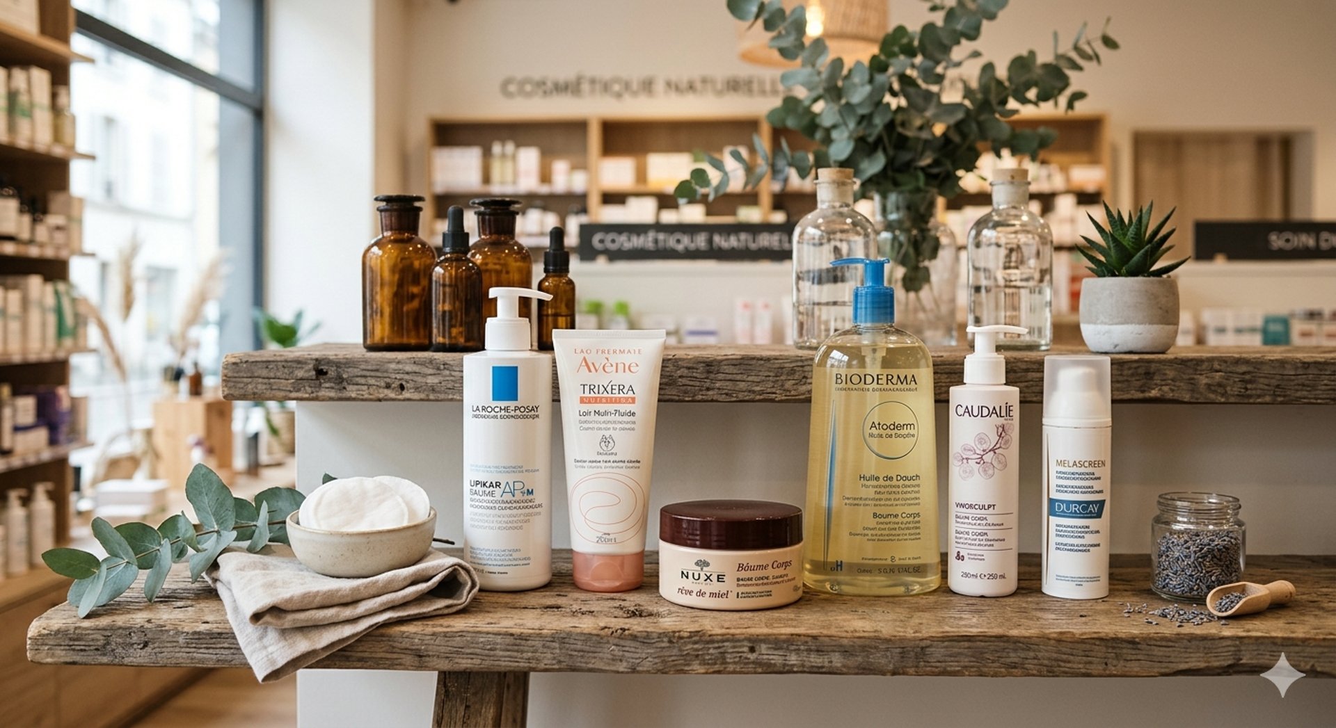Skincare bottles with fruit and sugarcane on green blocks.