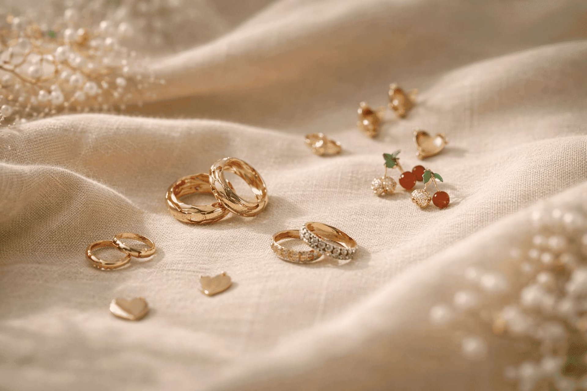 Joyas artesanales de oro sobre tela clara, con anillos y aretes delicados de estilo minimalista y elegante.