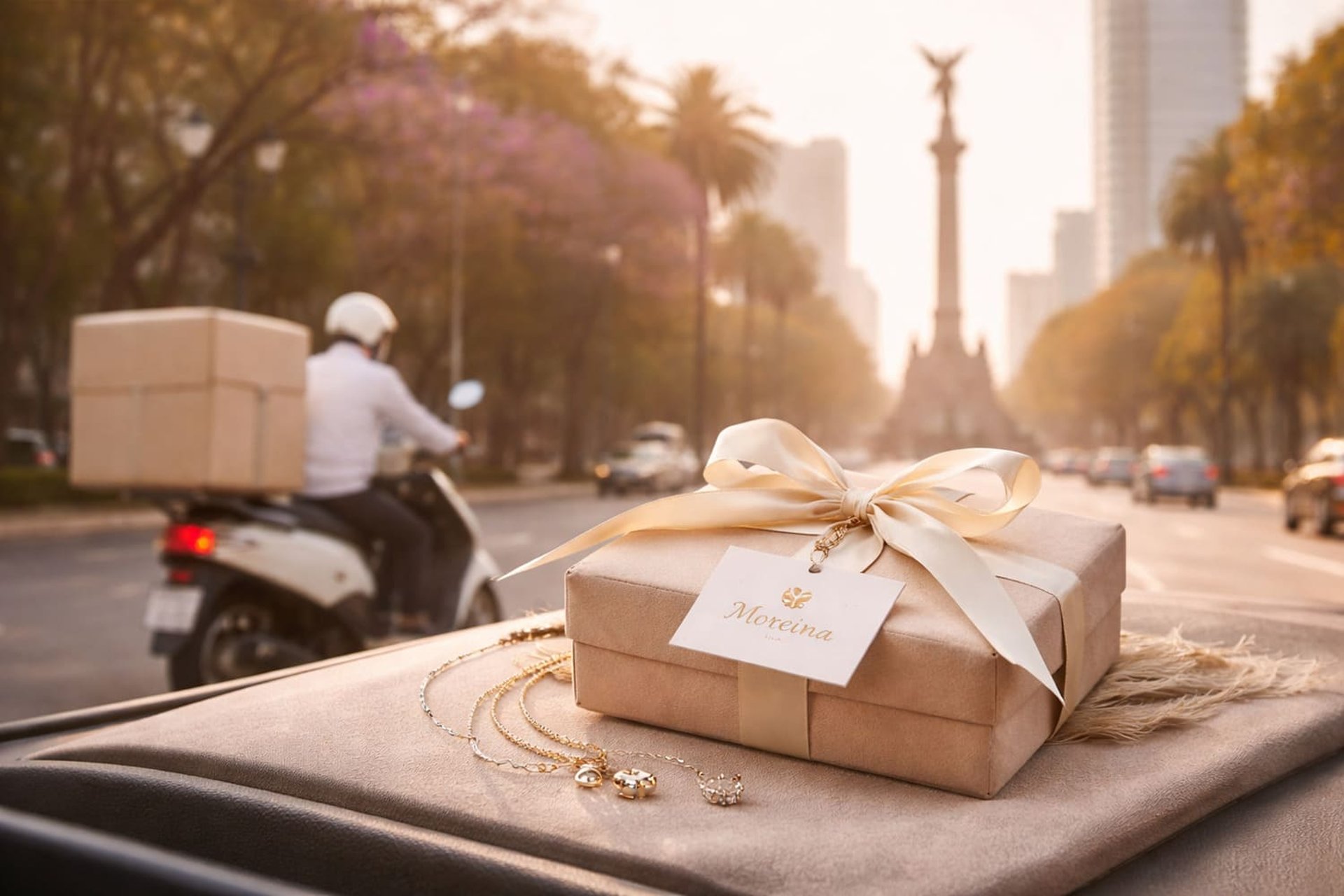 Entrega de joyería personalizada en CDMX con caja elegante Moreina frente al Ángel de la Independencia
