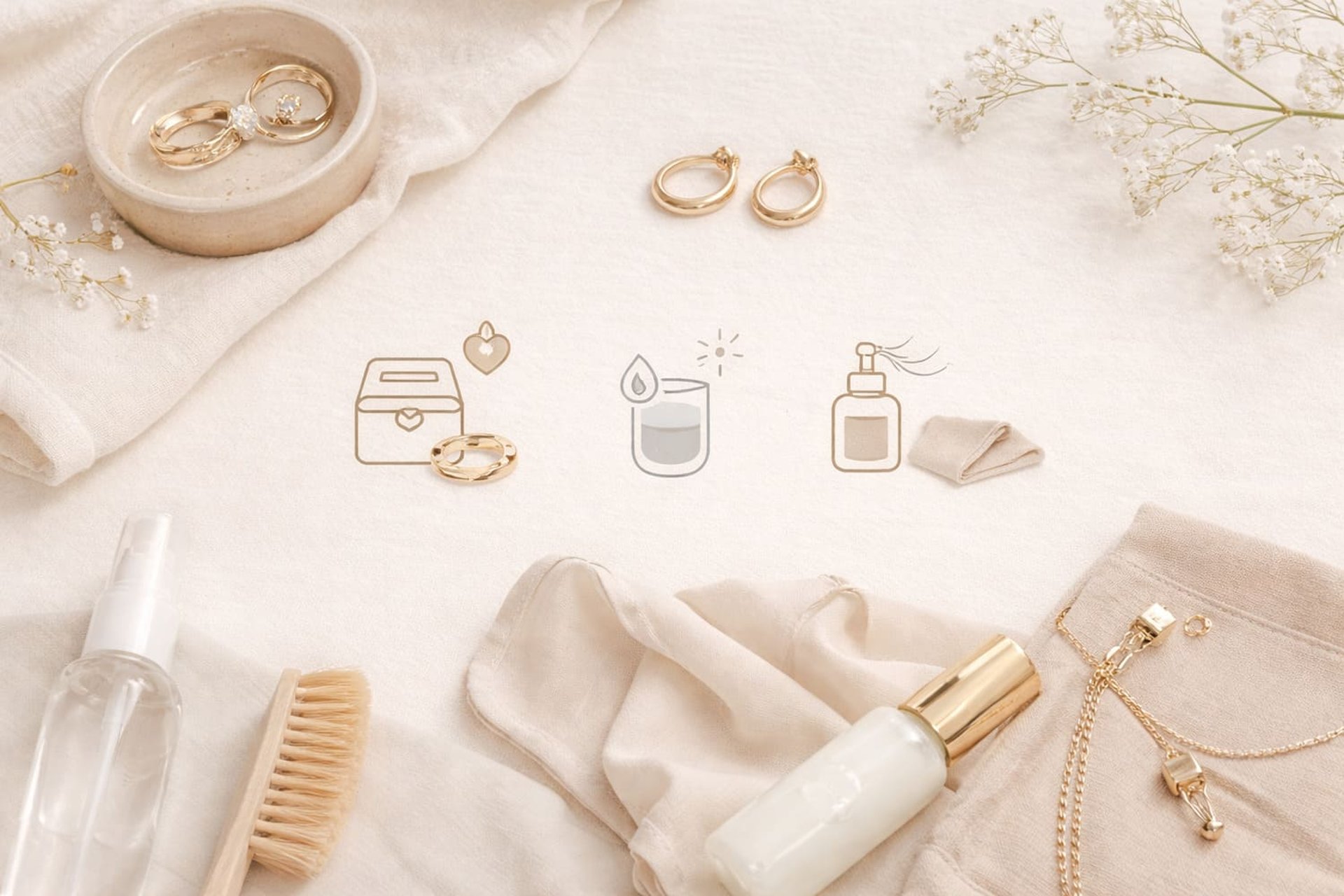 Guía de cuidado de joyas de oro con productos de limpieza y accesorios sobre fondo beige elegante.