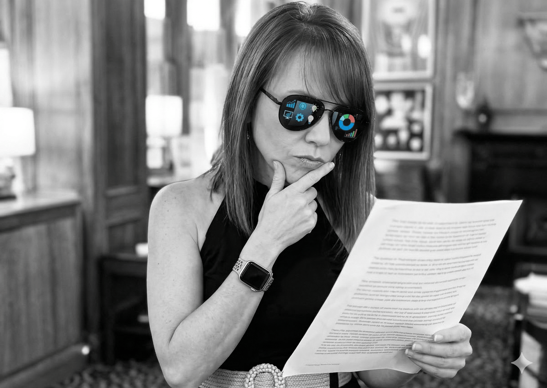 Woman thinking-looking at text filled document and a reflection on the sunglasses of charts and icons