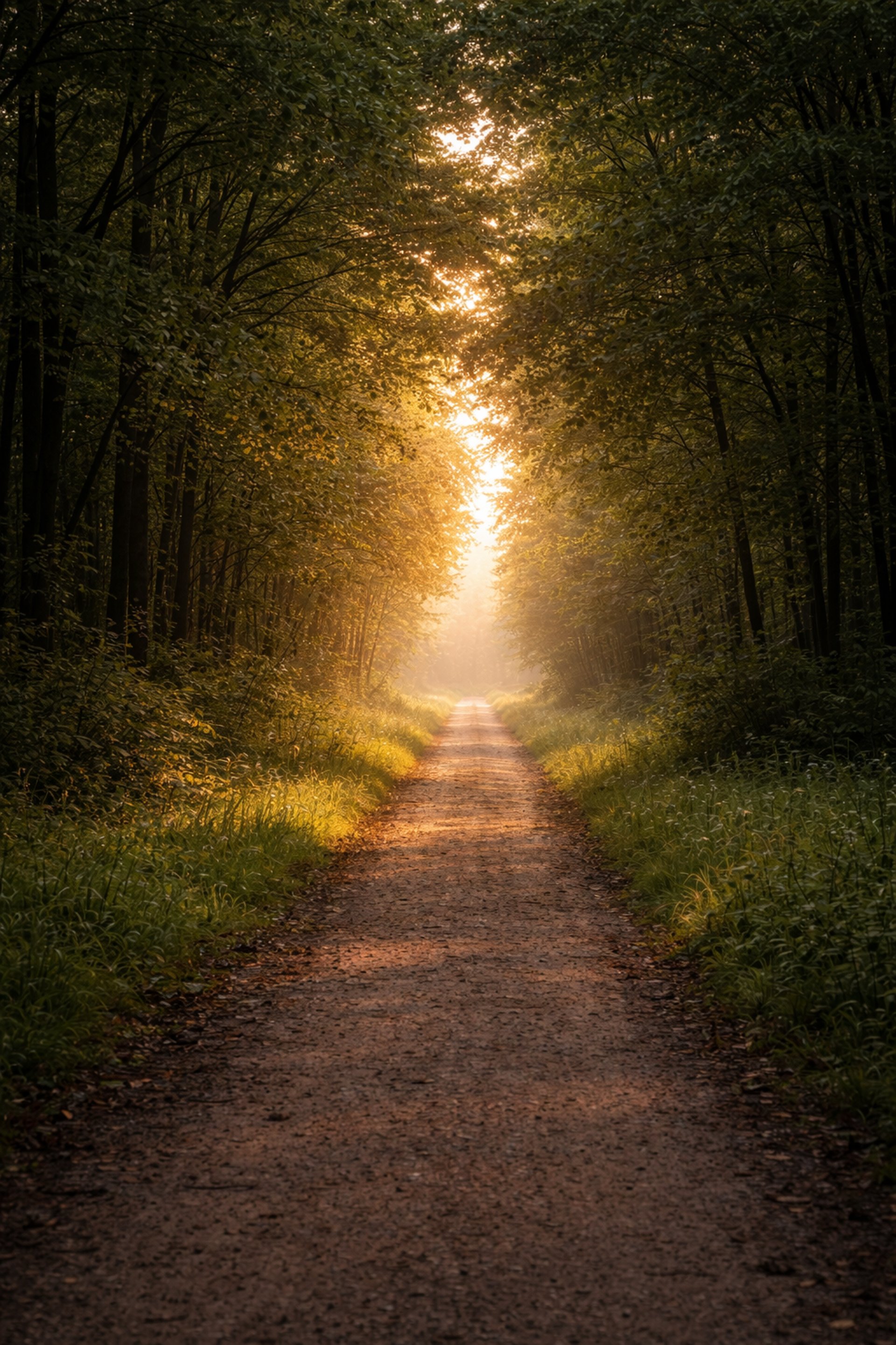 A forest path guides into the bright horizon.