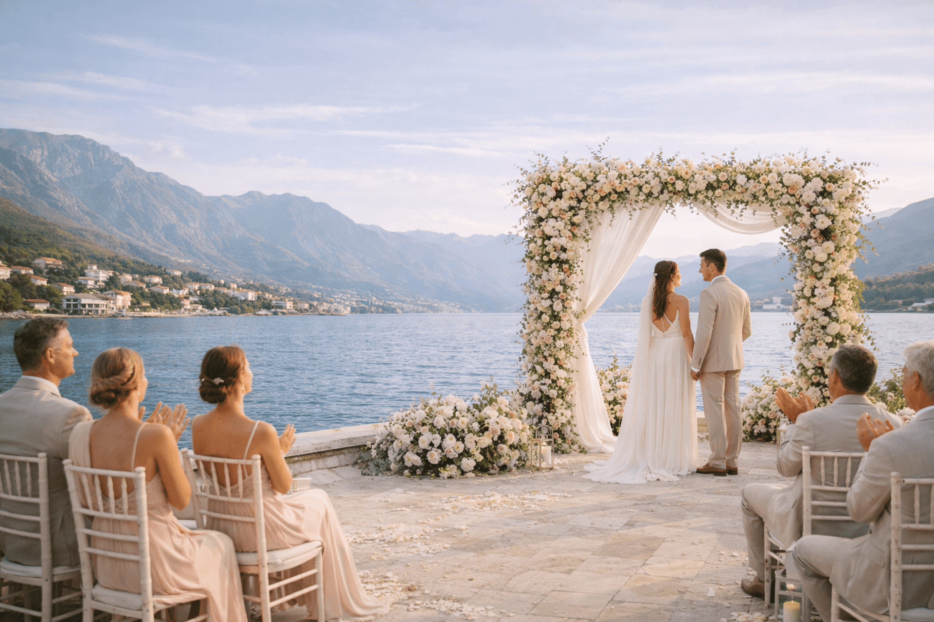 Luxury destination wedding ceremony in Montenegro overlooking the Adriatic Sea