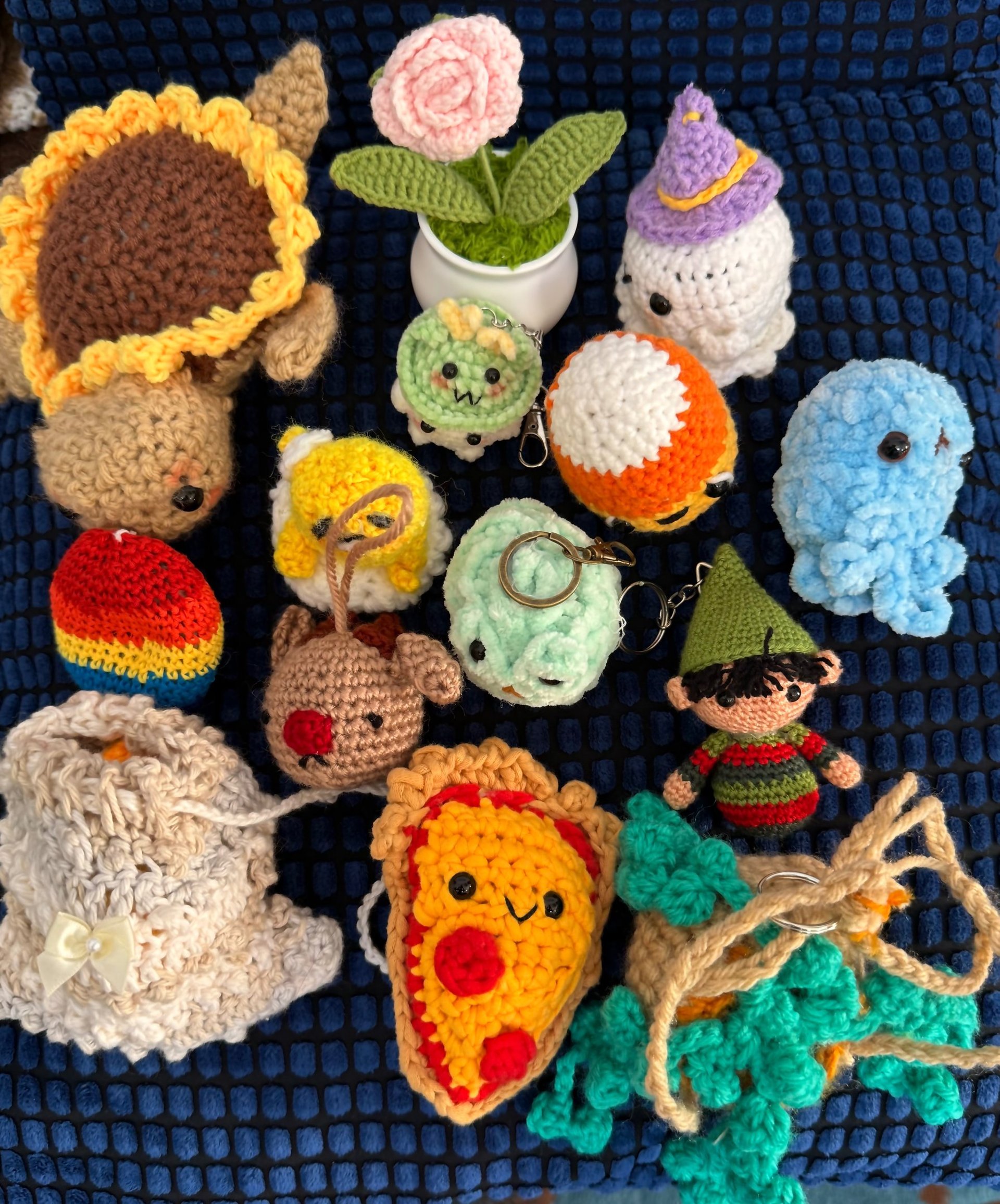 A crochet bunny and flowers brighten the scene.