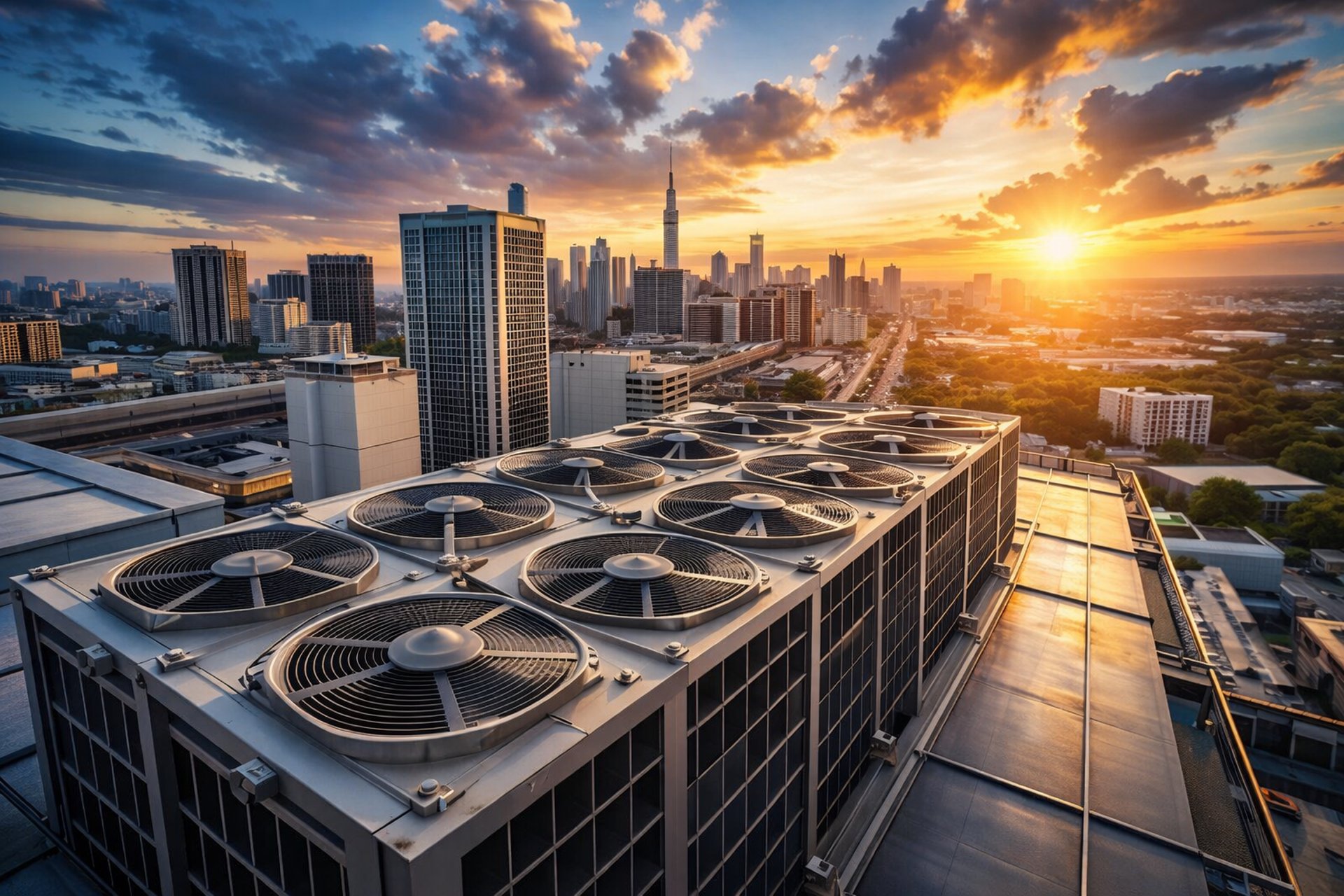 An aerial view of a factory with many tanks