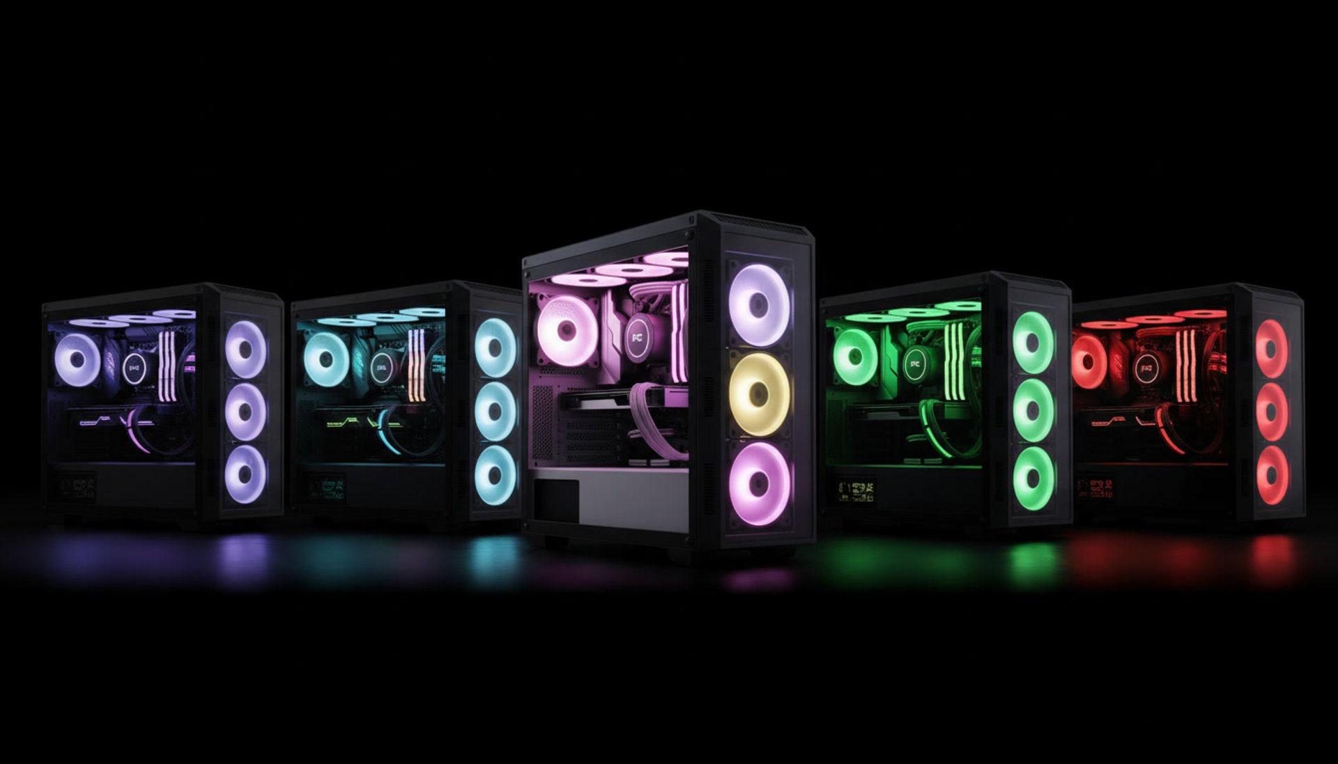 Banner principal da MK Builds com 5 computadores gaming minimalistas e iluminação RGB personalizada no Porto