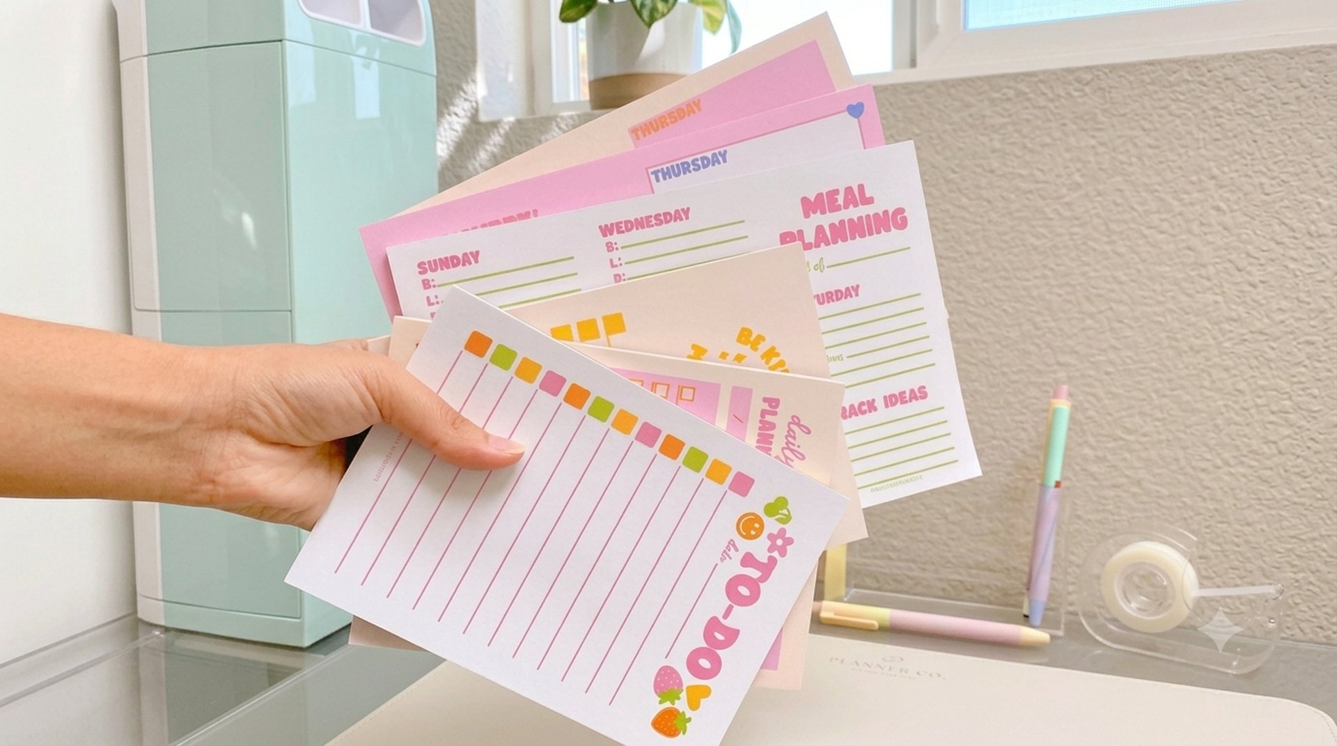 una mano con varios papeles de listas to- do, de papeleria creativa