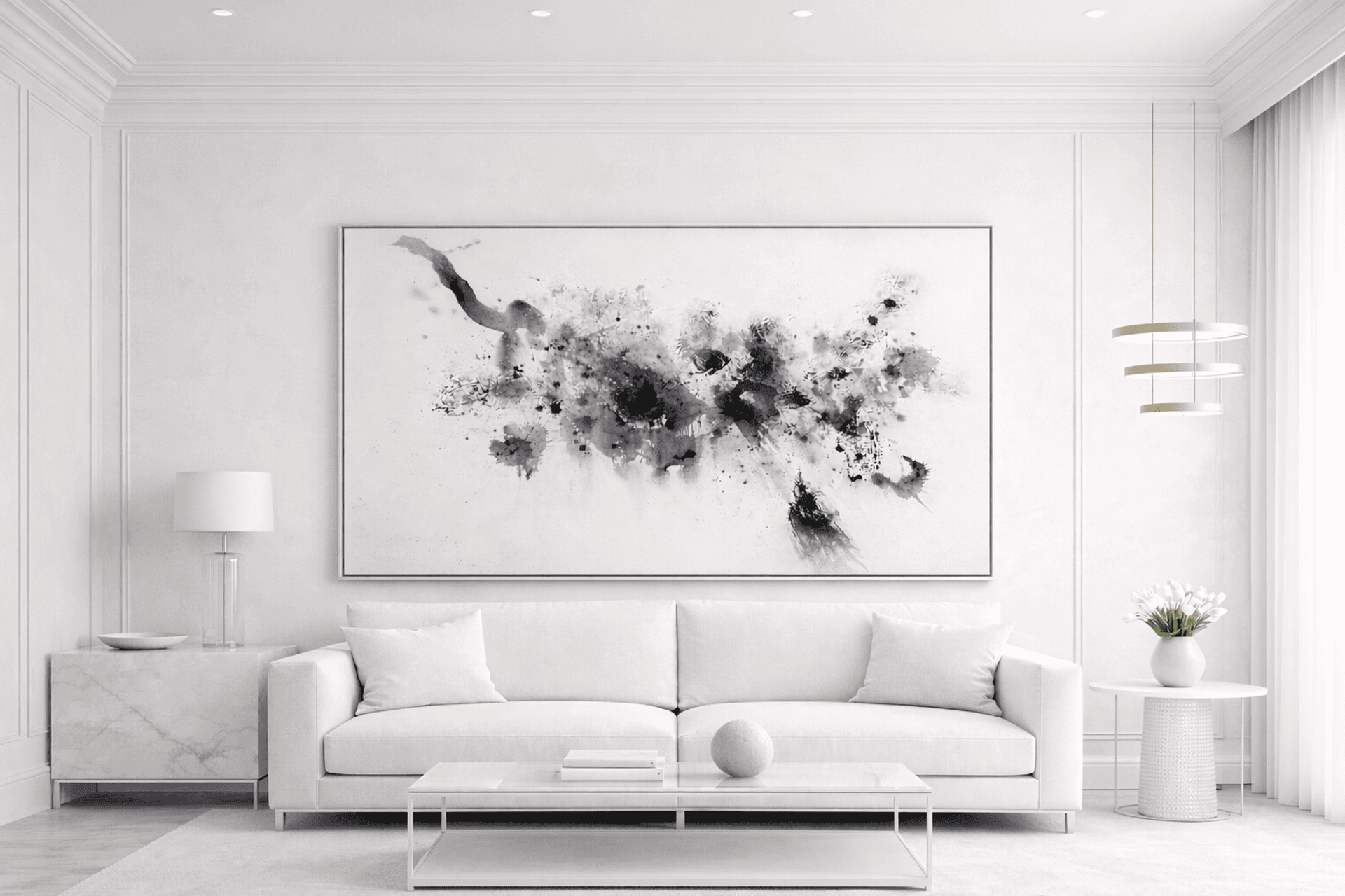 Cuadro abstracto contemporáneo blanco y negro para sala minimalista en ciudad de mexico