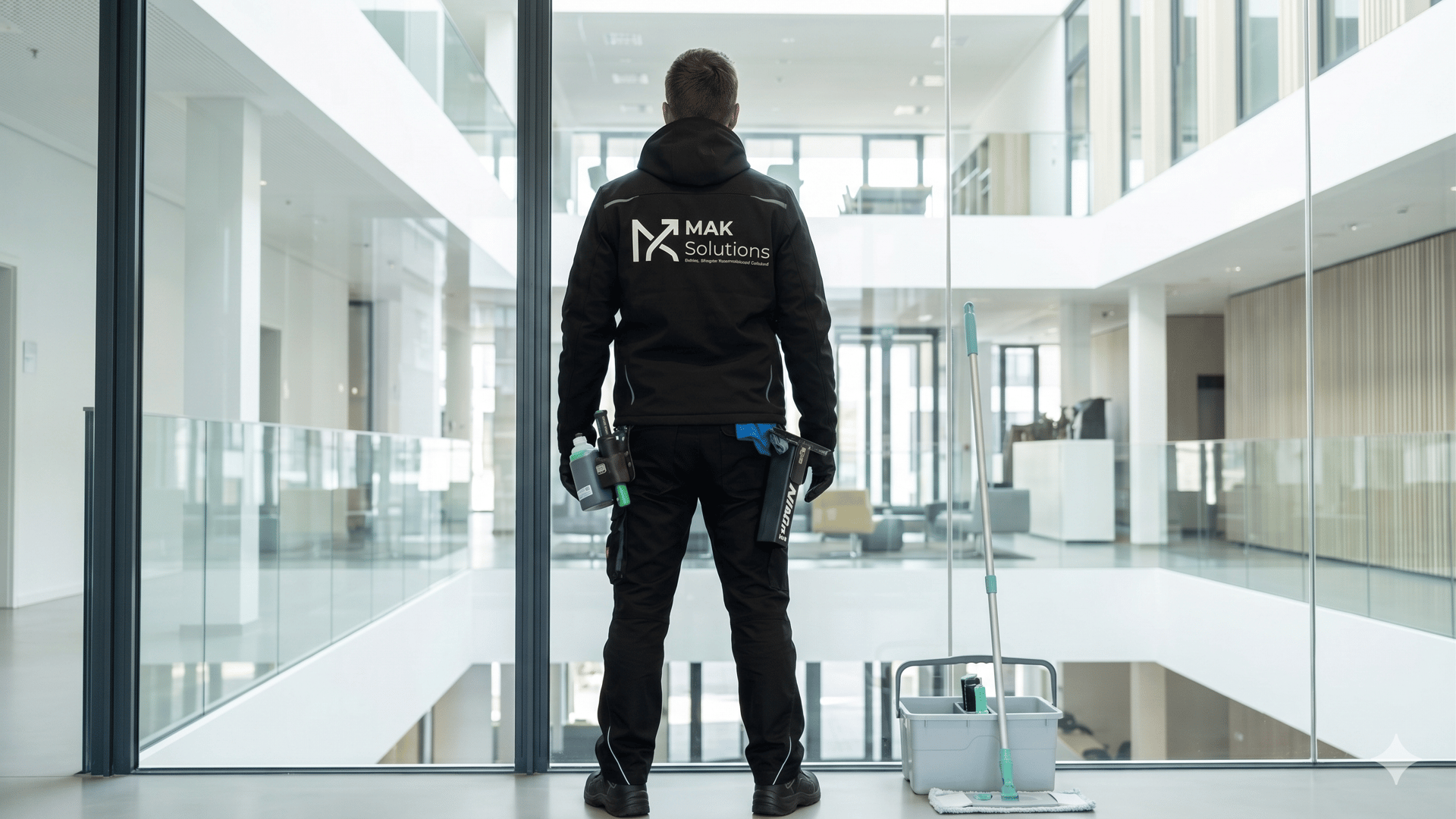 MAK Solutions Mitarbeiter steht vor den gereinigten Fenstern nachdem eine eine Glasreinigung durchgefhrt haben