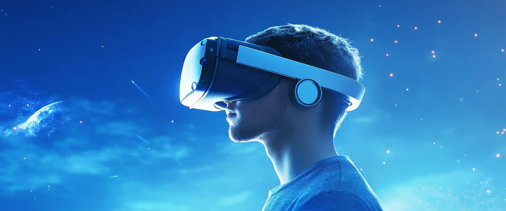 un hombre con gafas de VR con fondo cielo estrellado