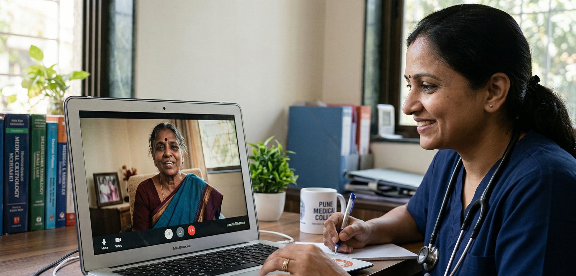 Doctor checks patient's blood pressure with stethoscope.