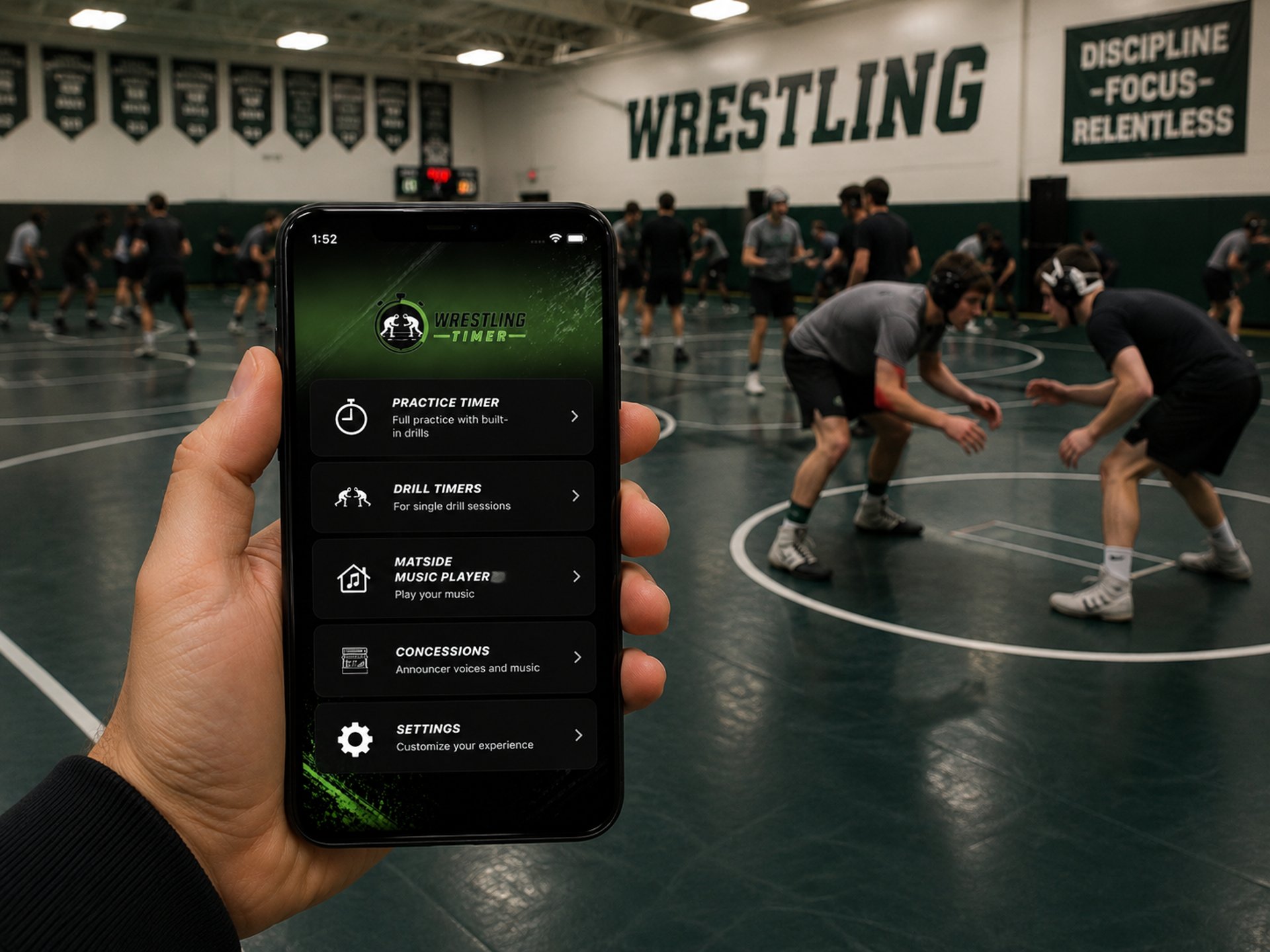 wrestling practice with a phone running the wrestling timer app