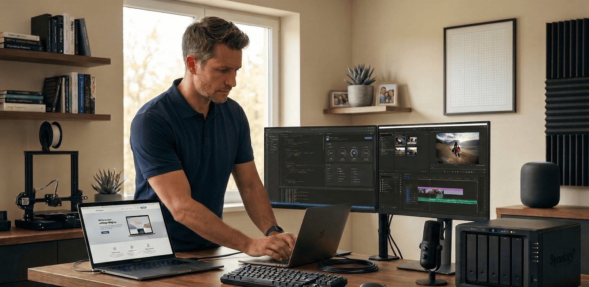Expert informatique Montechinformatique en plein travail multimédia : montage vidéo, programmation et gestion de serveurs.
