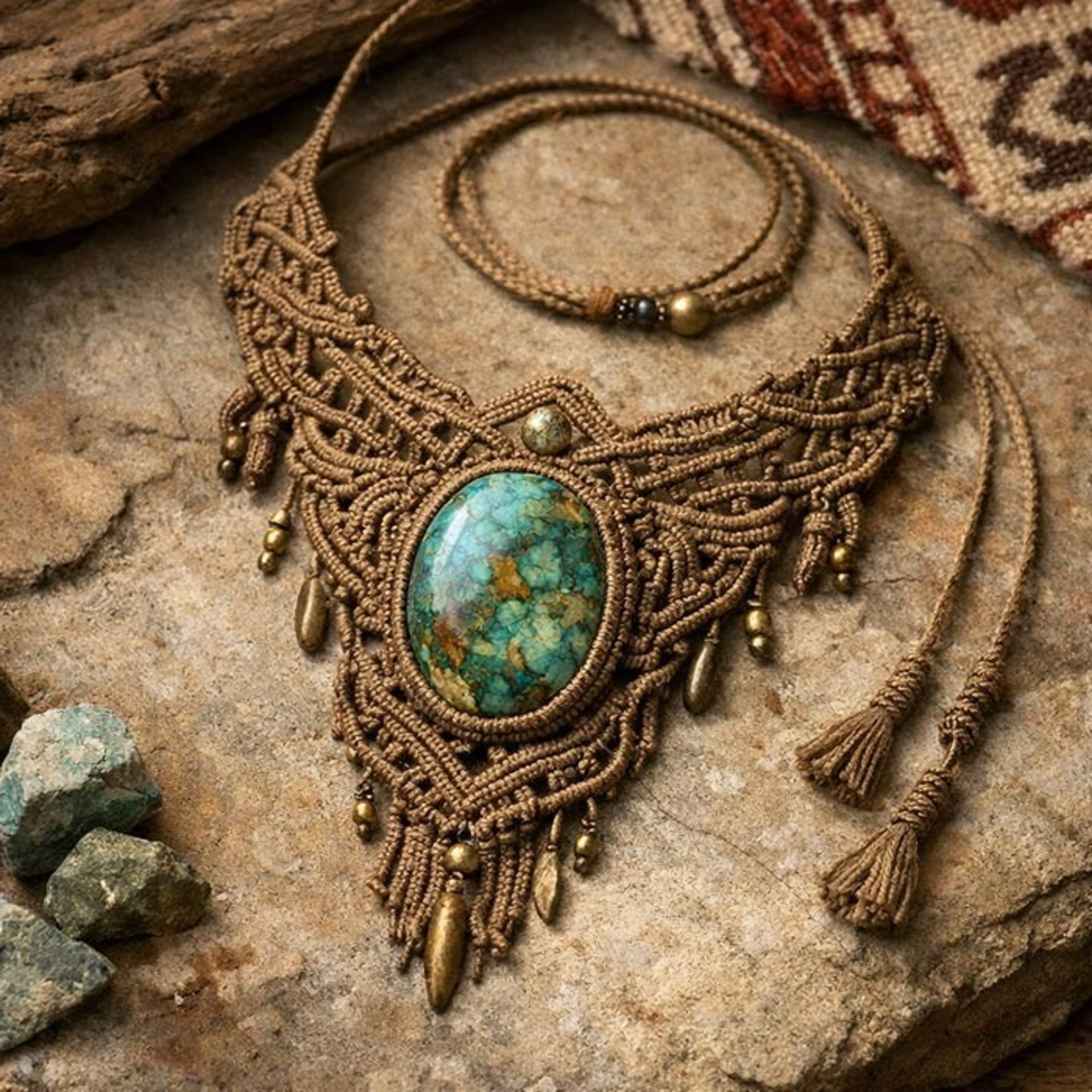 Collar de macramé café con una piedra verde sobre rocas
