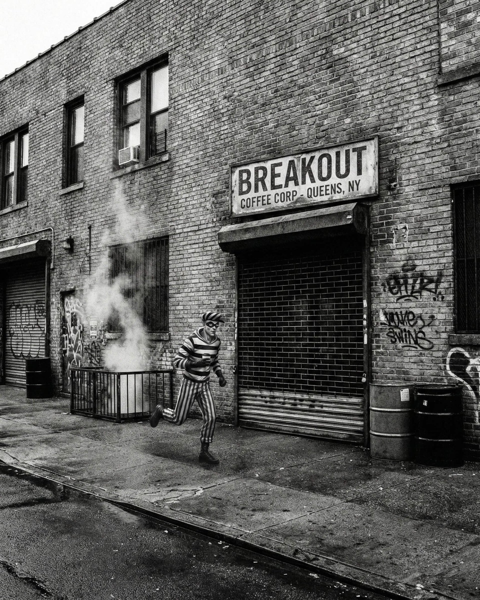 A person in a striped prisoner costume runs past a "Breakout Coffee Corp" sign on a gritty, urban brick building in Queens.