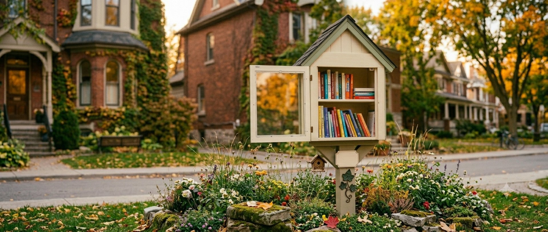 a small wooden house with a book shelf inside of it