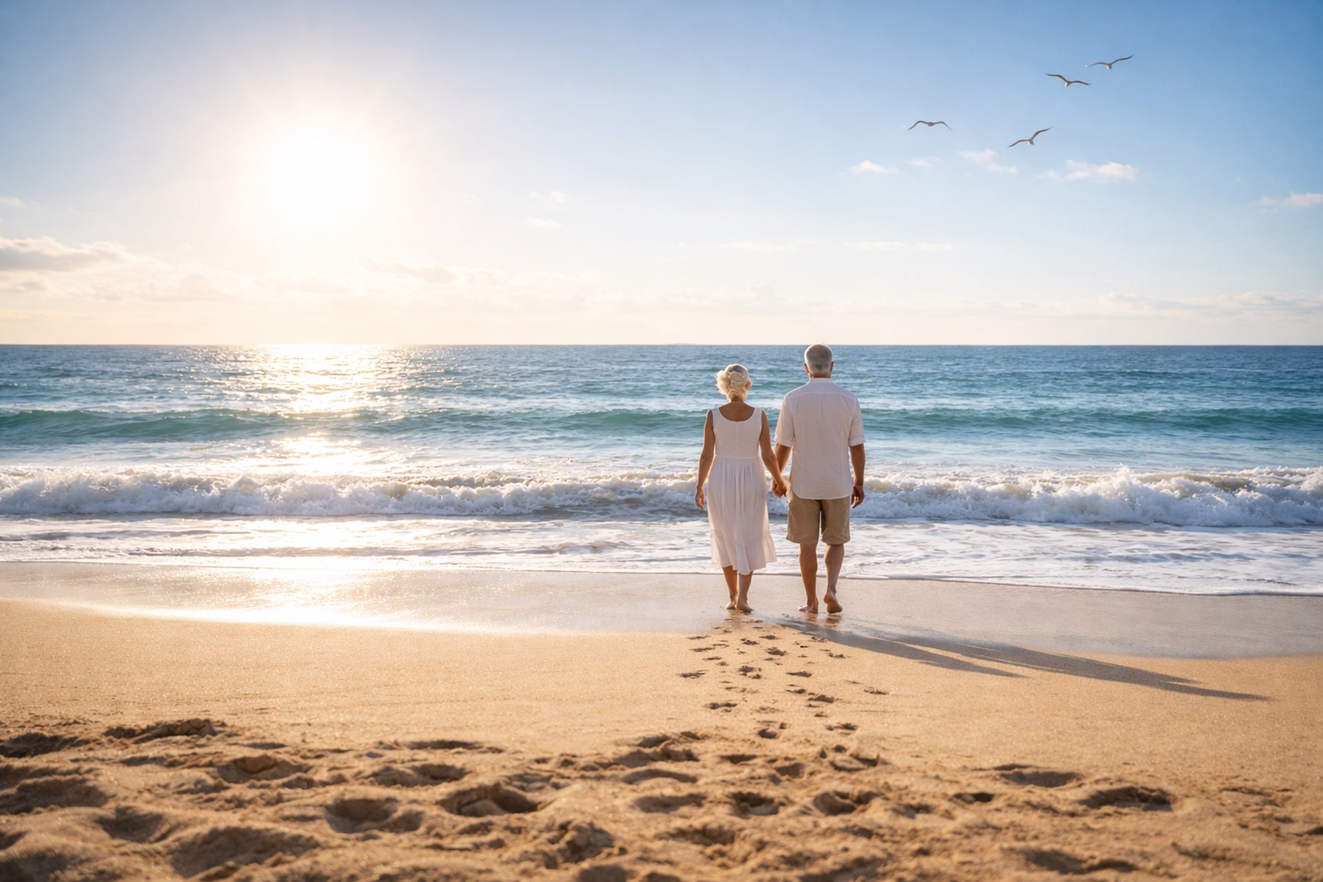Golden years couple holding hands on a beach looking at the water. Birds fly overhead.