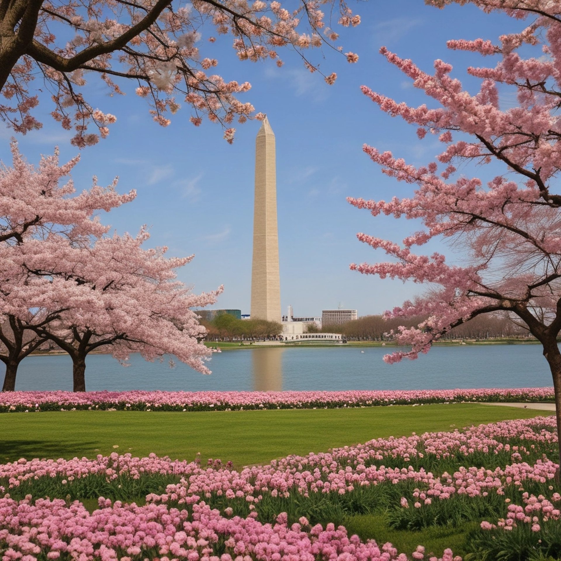 The washington monument towers against the bright sun.