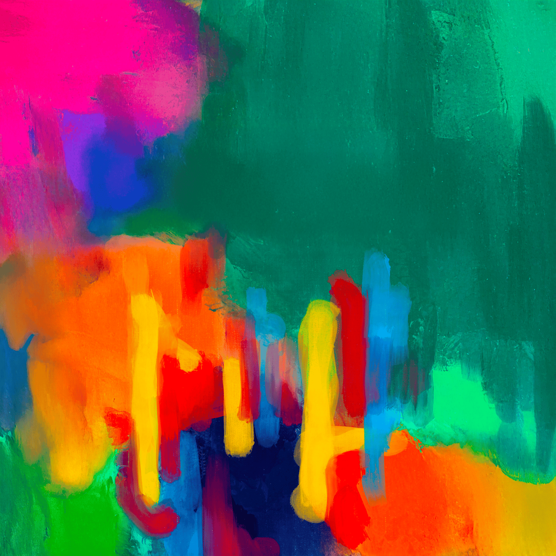 four orange, green, blue, and red paint rollers