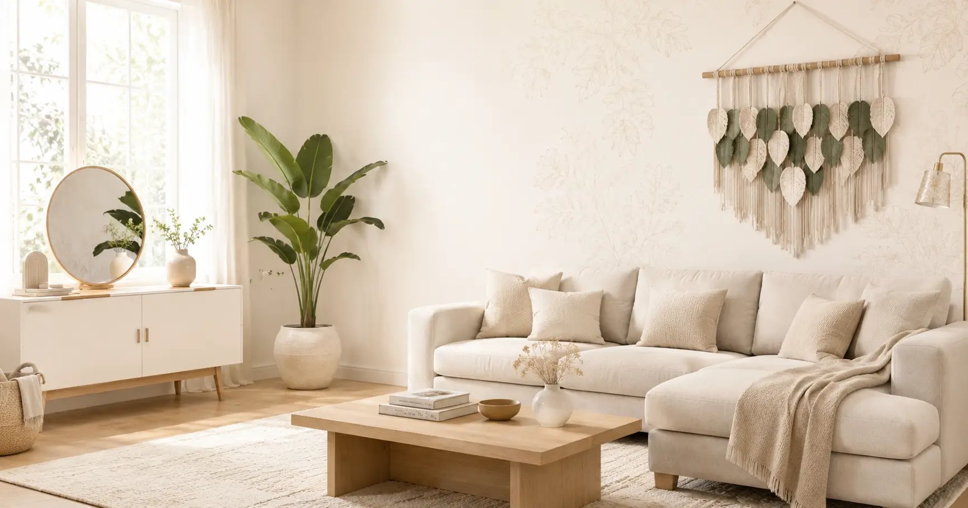 Salotto in stile scandinavo molto luminoso e accogliente divano ad angolo beige chiaro e tavolino in legno naturale