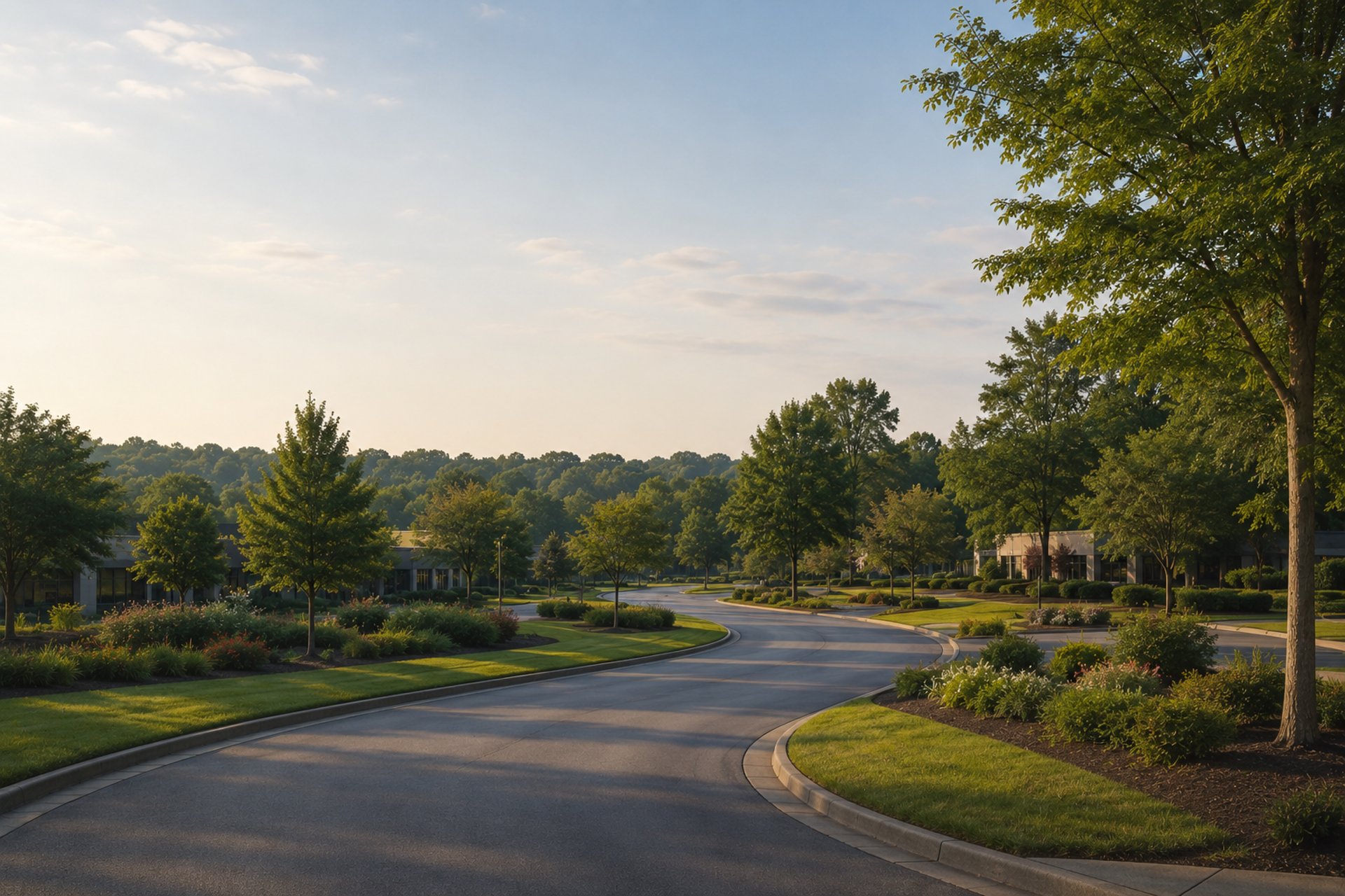 Tree-lined suburban commercial corridor supporting coordinated property operations across Charlotte NC