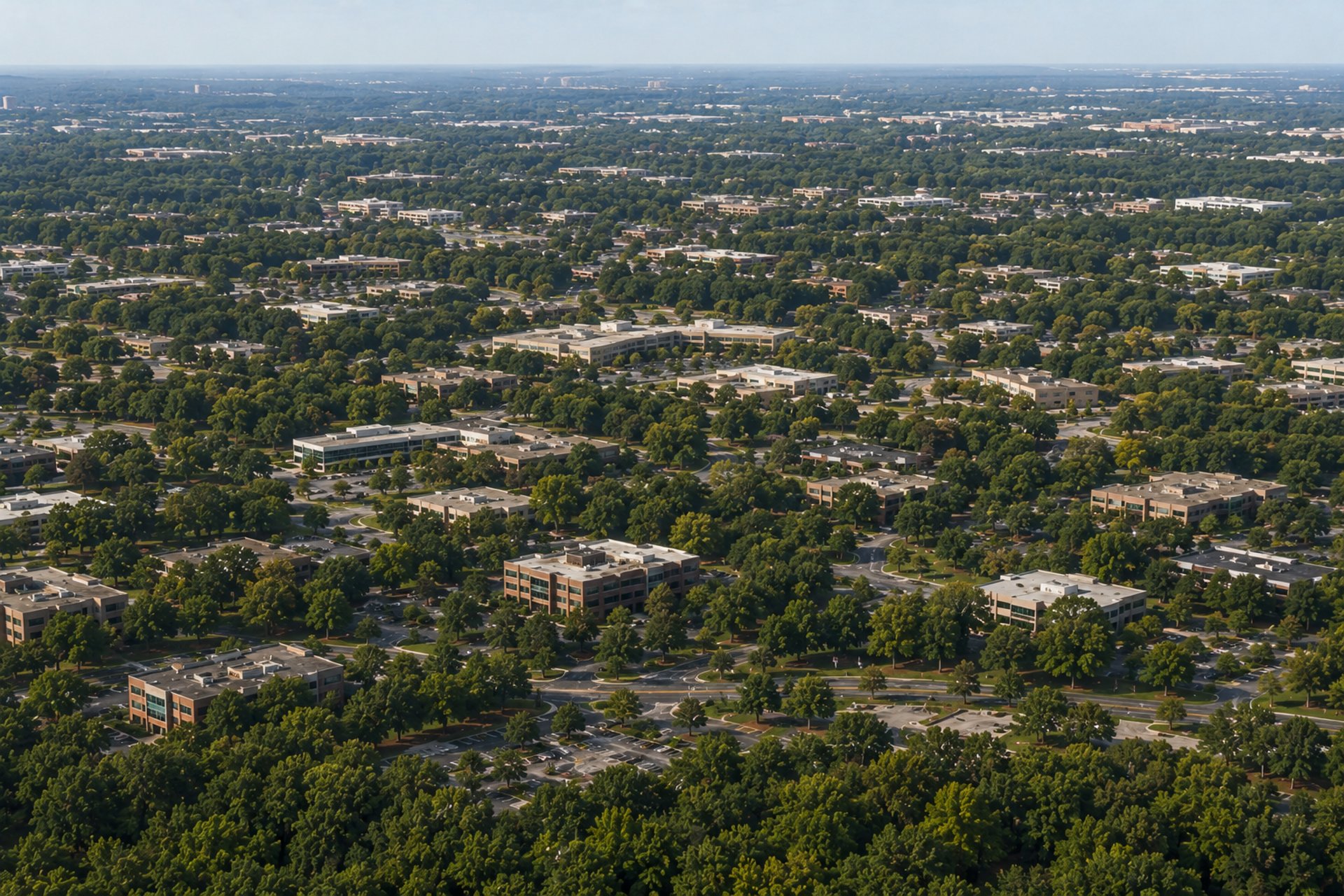 Regional suburban commercial landscape with interconnected roadways and property support coverage across Charlotte NC