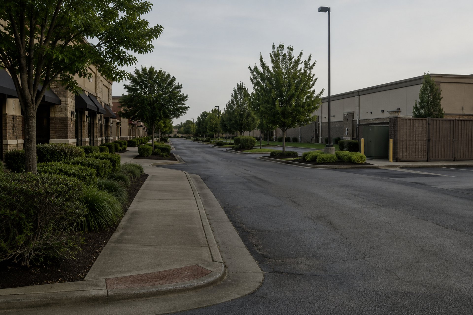 Managed suburban commercial corridor with maintained access roadway and coordinated property operations environment