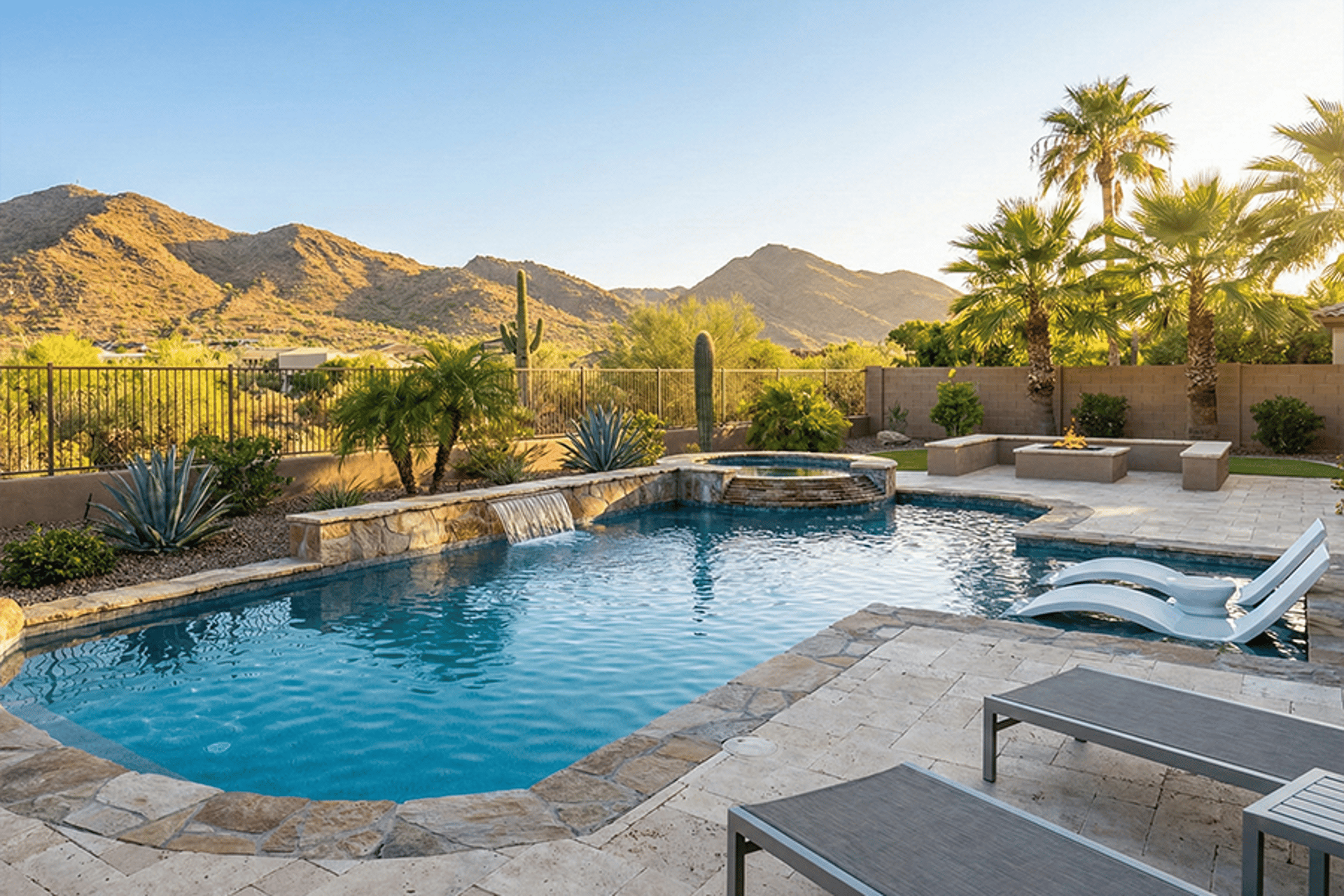 a large pool with a waterfall in the middle of it