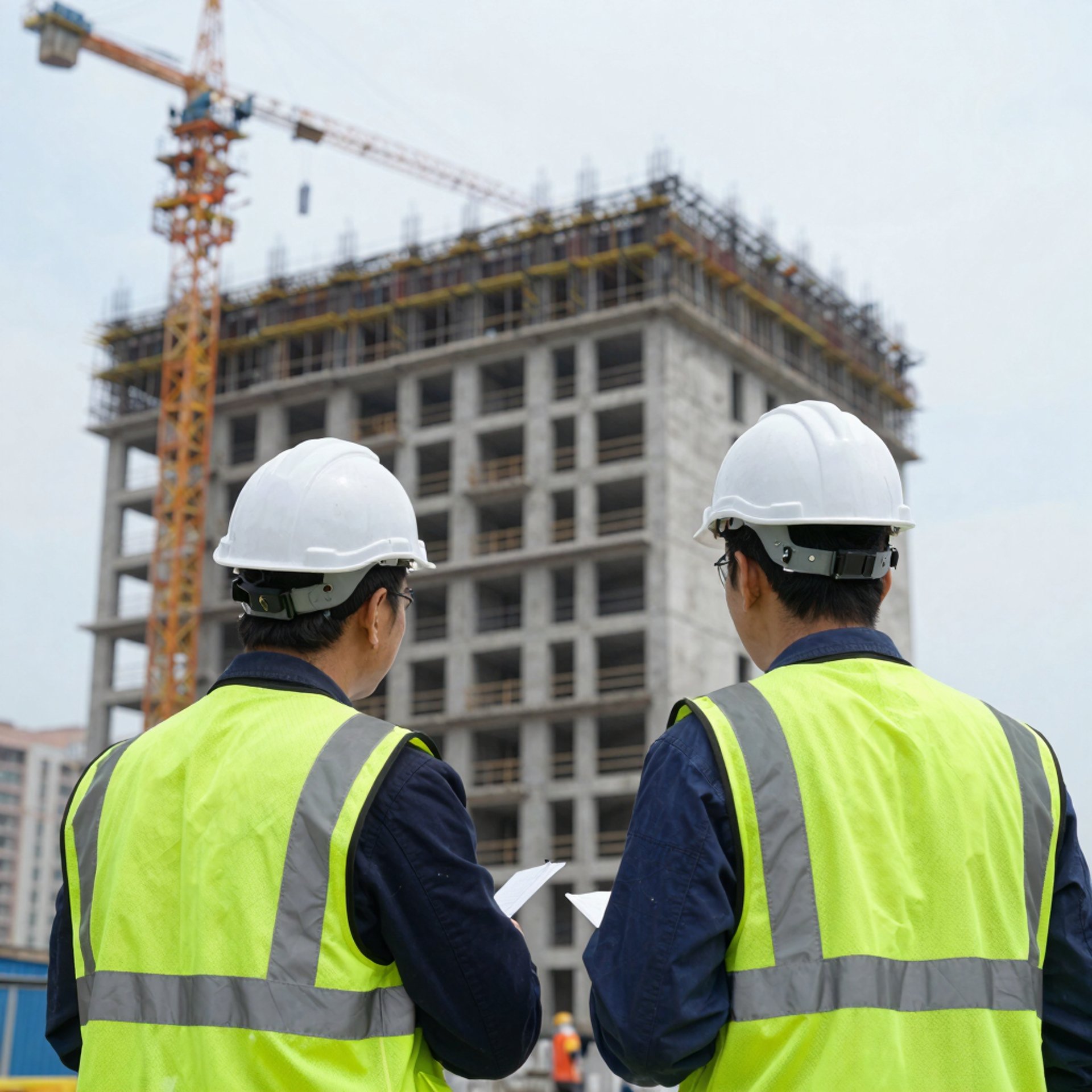 seven construction workers standing on white field