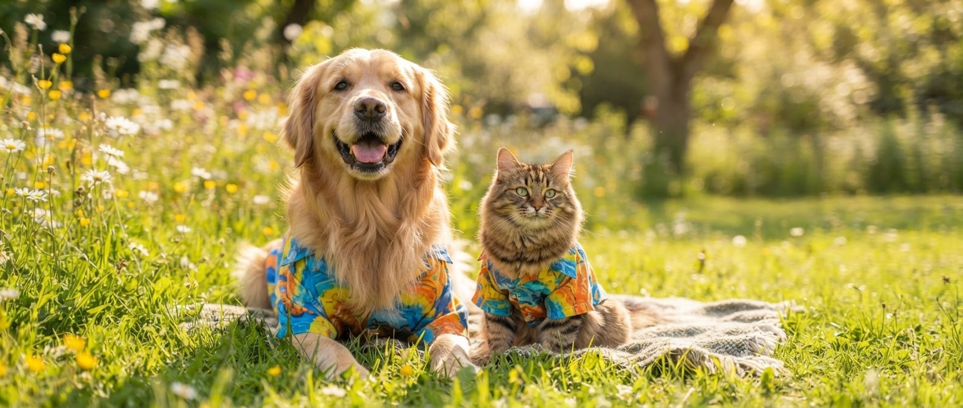 Perro y gato en pradera