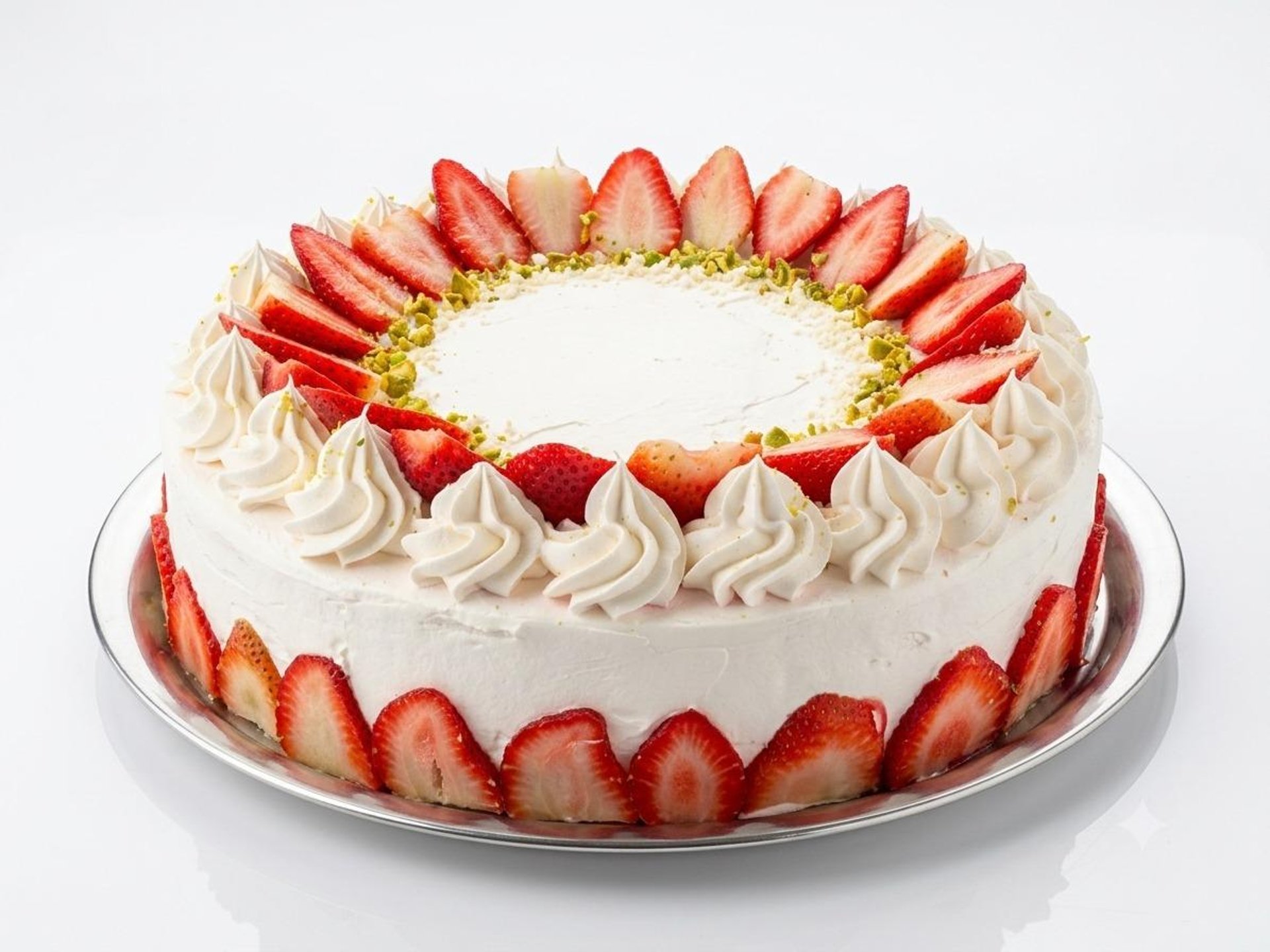 pastel de fresas con crema y pistache crocante