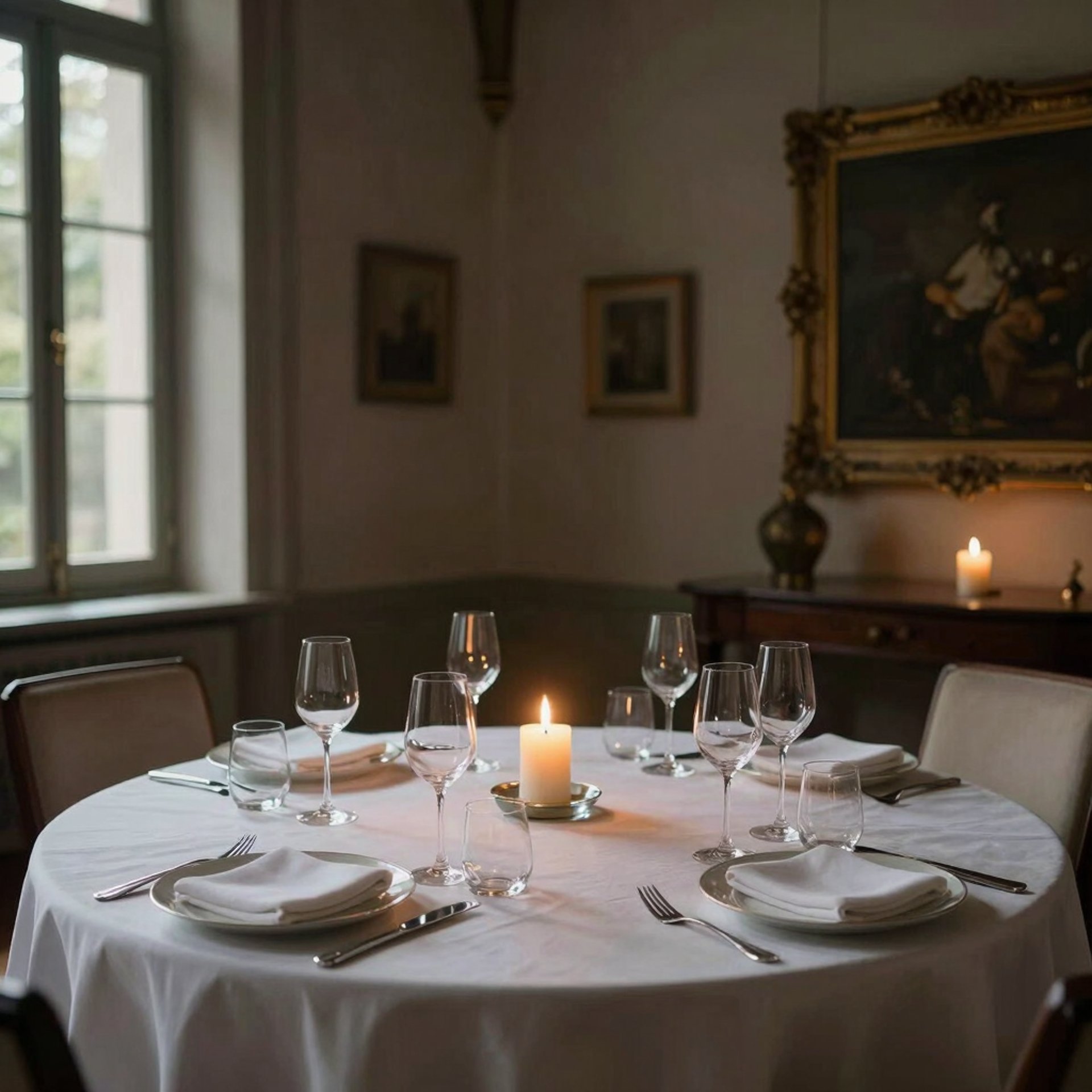 A long table is set with flowers and candles