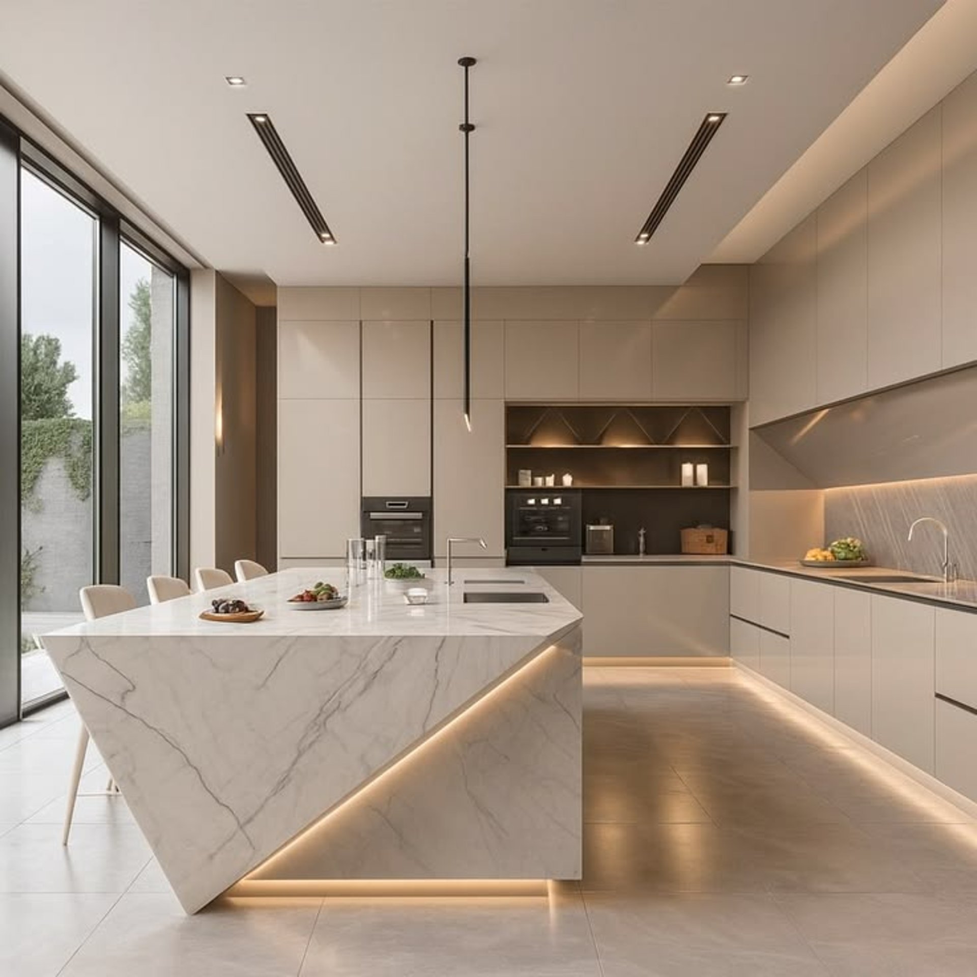 Modern kitchen with sink, faucet, and stacked plates.