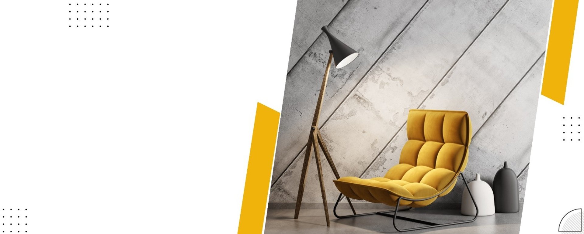 a blue chair and a yellow lamp in a white room
